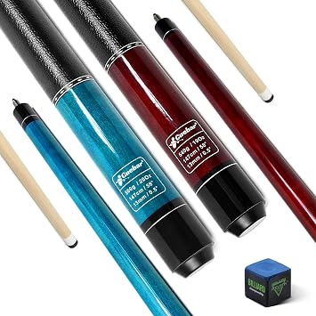 Pool Cues Set of 2, 58 Inch Pool Sticks for Adults, House Bar Billiard Cue Sticks with Imitation Leather Grip, Pool Table Sticks at 2 Different Colors and Weights