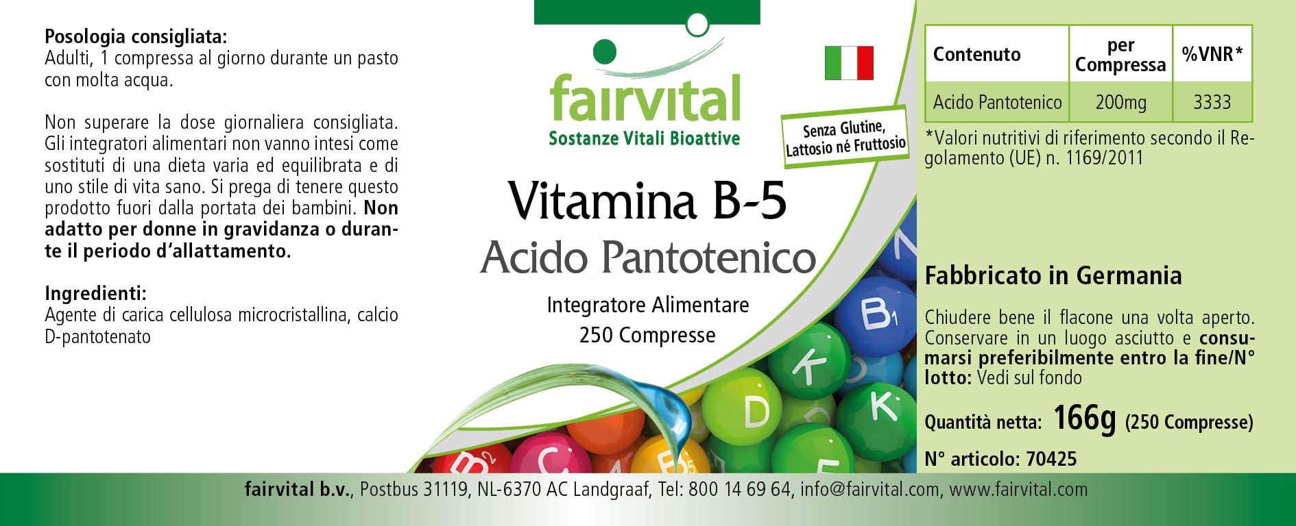 fairvital Vitamin B5, 250 Tabletten, schluckfreundlich, hochdosierte 200mg Pantothensäure, VEGAN, Made in Germany (Packung mit 2)