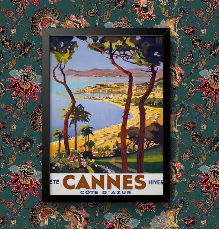 Vintage 1930's Cannes Cote D'Azur French Travel Poster Wall Art Print | (A4 Framed - Black Frame)