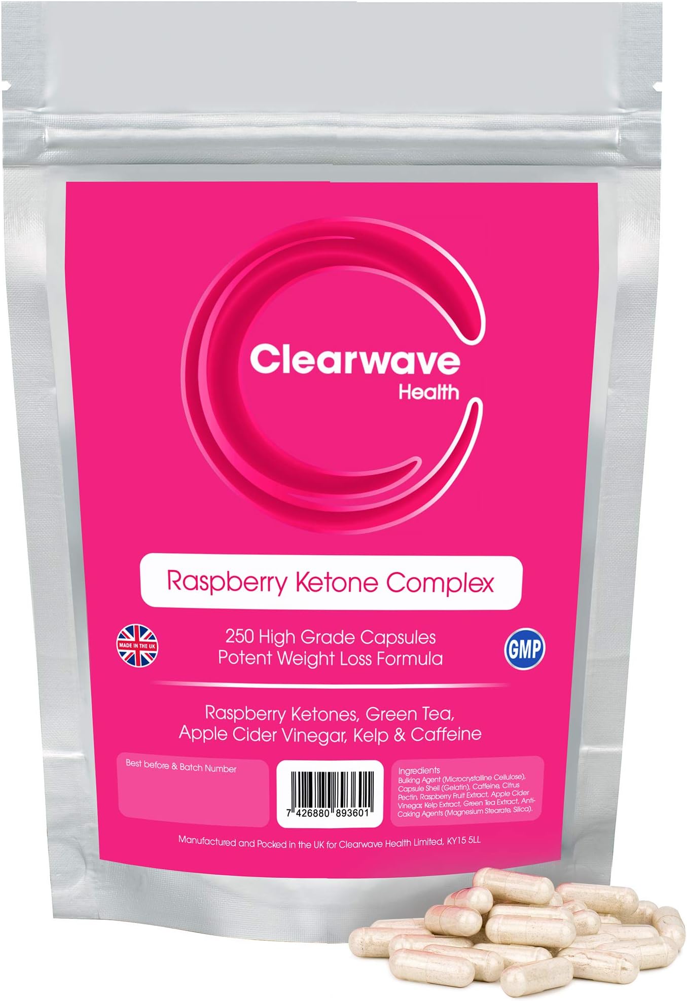 Raspberry Ketones Complex - 250 Capsules, Max Strength 700mg, with Green Tea, for Men and Women, Made in The UK by Clearwave Health