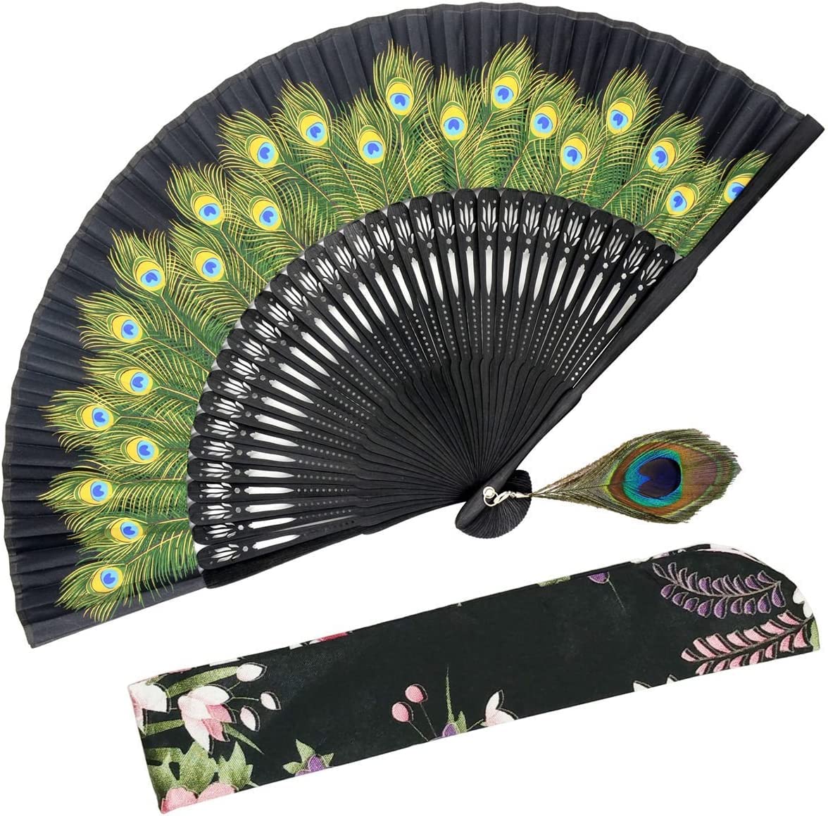 ELECDON Folding Fan, Womens Bamboo Fan Vintage Chinese Style, Black Bones Beautiful Peacock Pattern Antique Hand Fan for Wedding, Party Favor, Performance, Dance,Festival, Gift, Home Decoration