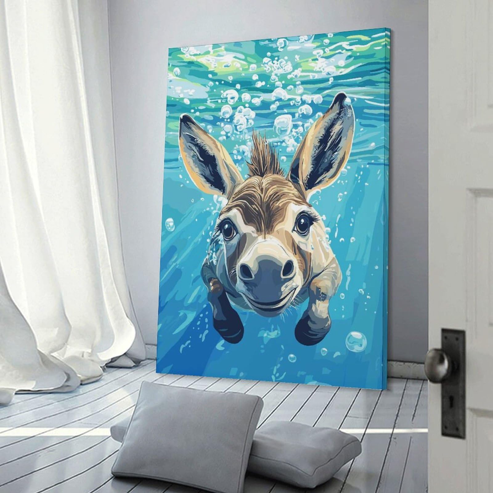 Junmoney Frame-Style-14 Canvas Art Print Donkey Swimming Underwater Illustration, 08X12inch(20X30cm), For Office, Study Or Home Workspace, Wall Art That Adds Style To Work Areas