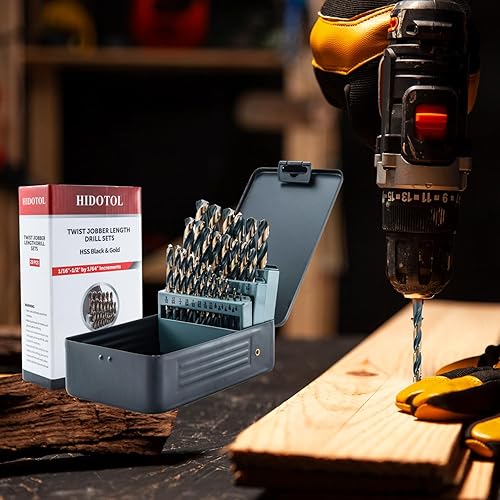Miniatura 5 de Juego de 29 brocas de acero de alta velocidad con punta de 135 grados con acabado negro y dorado, acero inoxidable, plástico y madera con estuche de