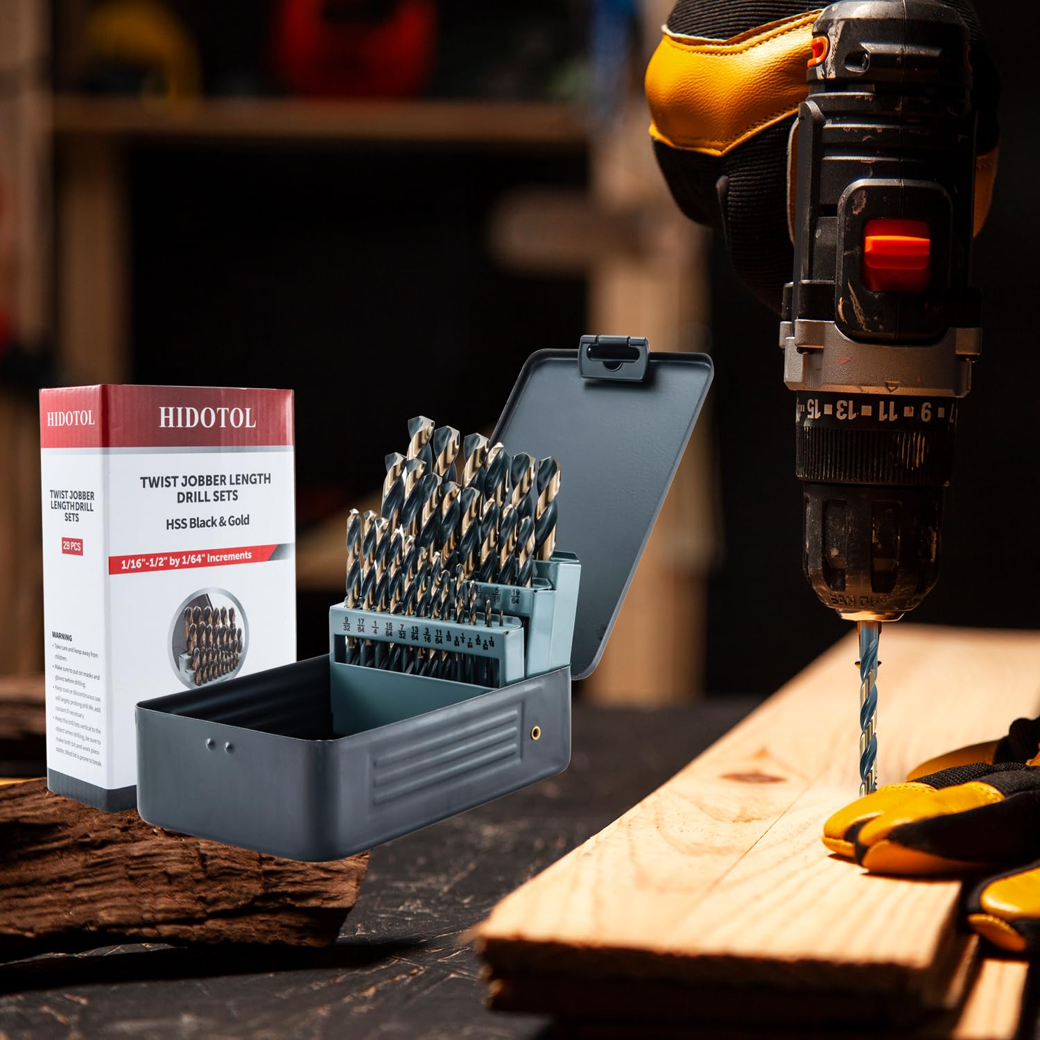 HIDOTOL Bohrer-Set, 29-teilig, 135-Grad-Spitze, Hochgeschwindigkeitsstahl mit schwarzem und goldfarbenem Finish, Edelstahl, Kunststoff und Holz, mit Metall-Aufbewahrungskoffer, 1/16-1/2 Zoll