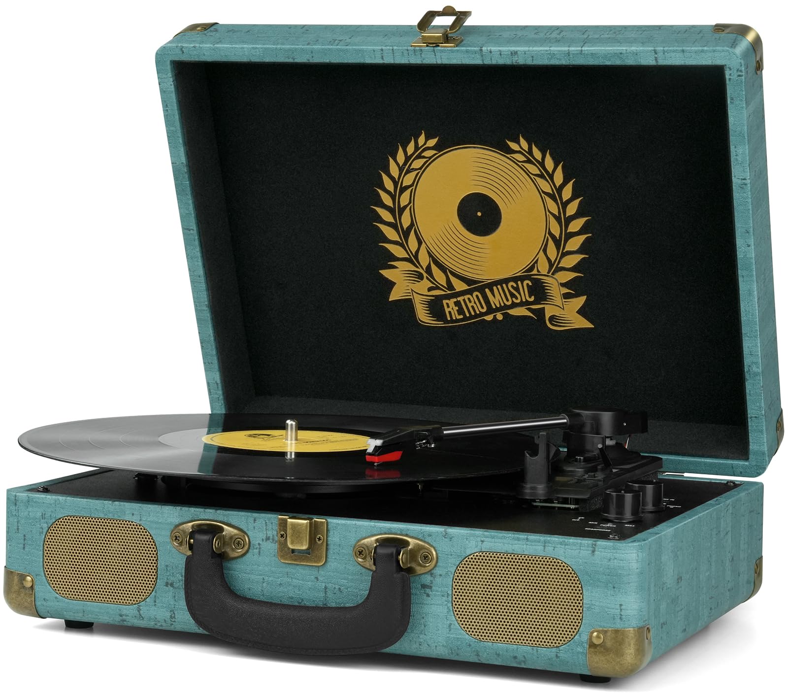 Record Player Vintage 3-Speed Bluetooth Vinyl Turntable with Stereo Speaker, Belt Driven Suitcase Vinyl Record Player,Military Green