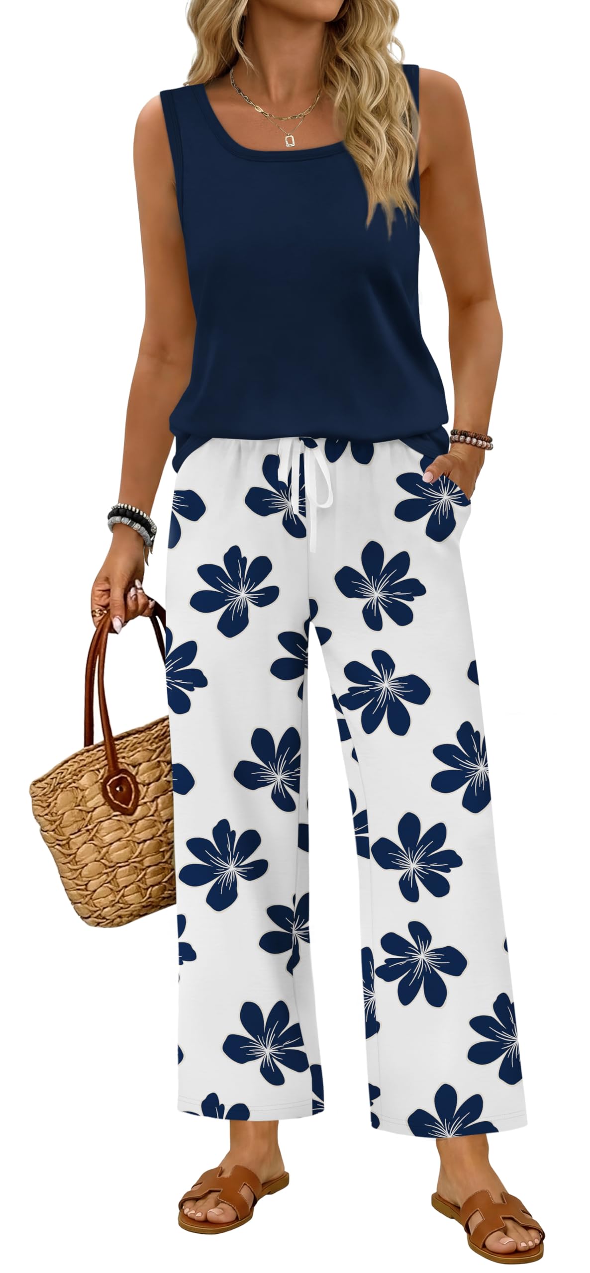 WIHOLL Two Piece Sets for Women Summer Spring Outfits Tank Square Neck Sleeveless Travel Vacation Lounge Wide Leg Pants Set — view 13