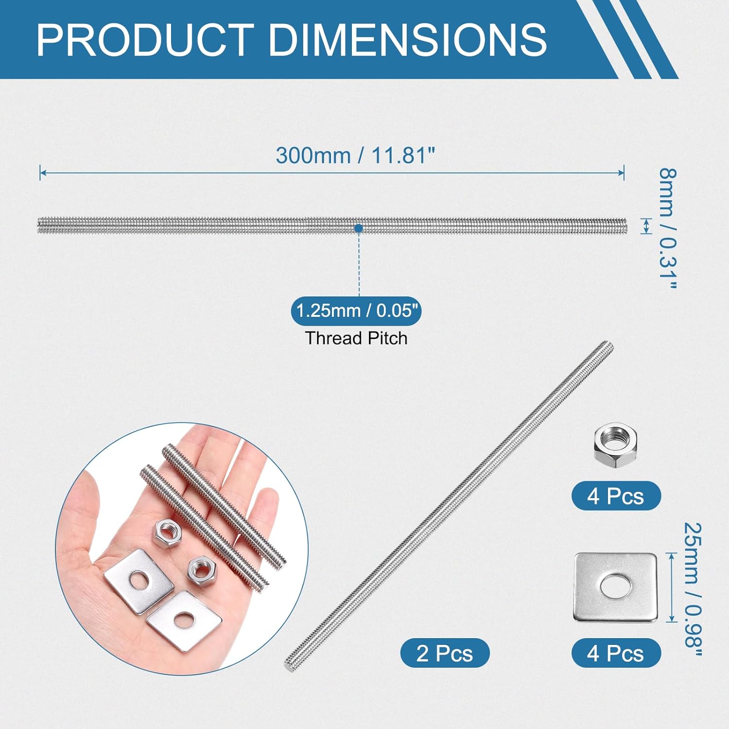 PATIKIL 2 Pcs Fully Threaded Rod, M8 x 300mm 304 Stainless Steel Right Hand Long Thread Bar Studs with Nuts Square Washers for Pipes Clamps Hangers U-Bolts