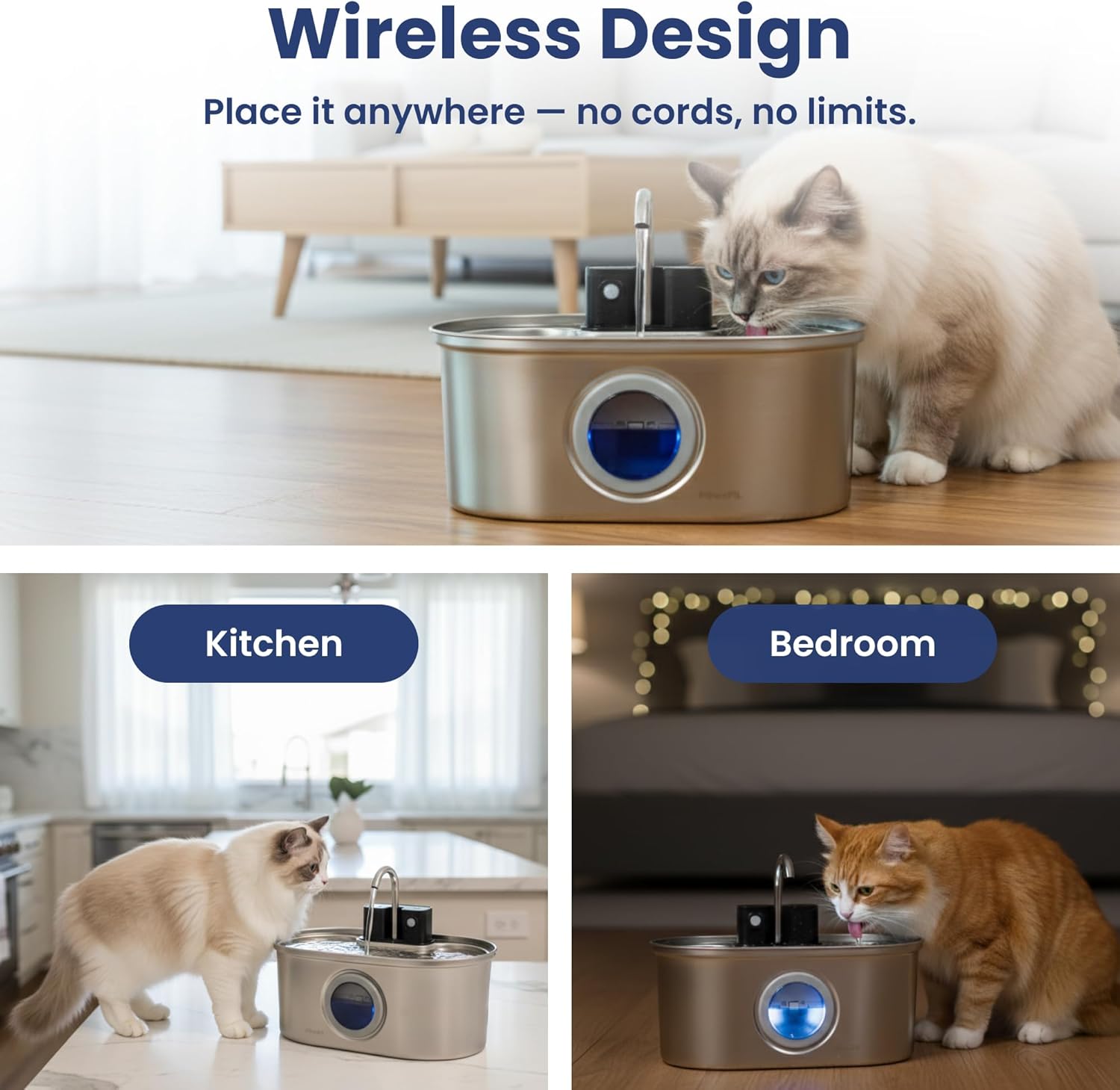PawsPik 3.2L Cordless Stainless Steel Cat Water Fountain, Rechargeable Battery Operated Pet Water Fountain, Automatic Drinking Fountain with Filter, Motion Sensor & 3 Flow Modes for Indoor Cats & Dogs