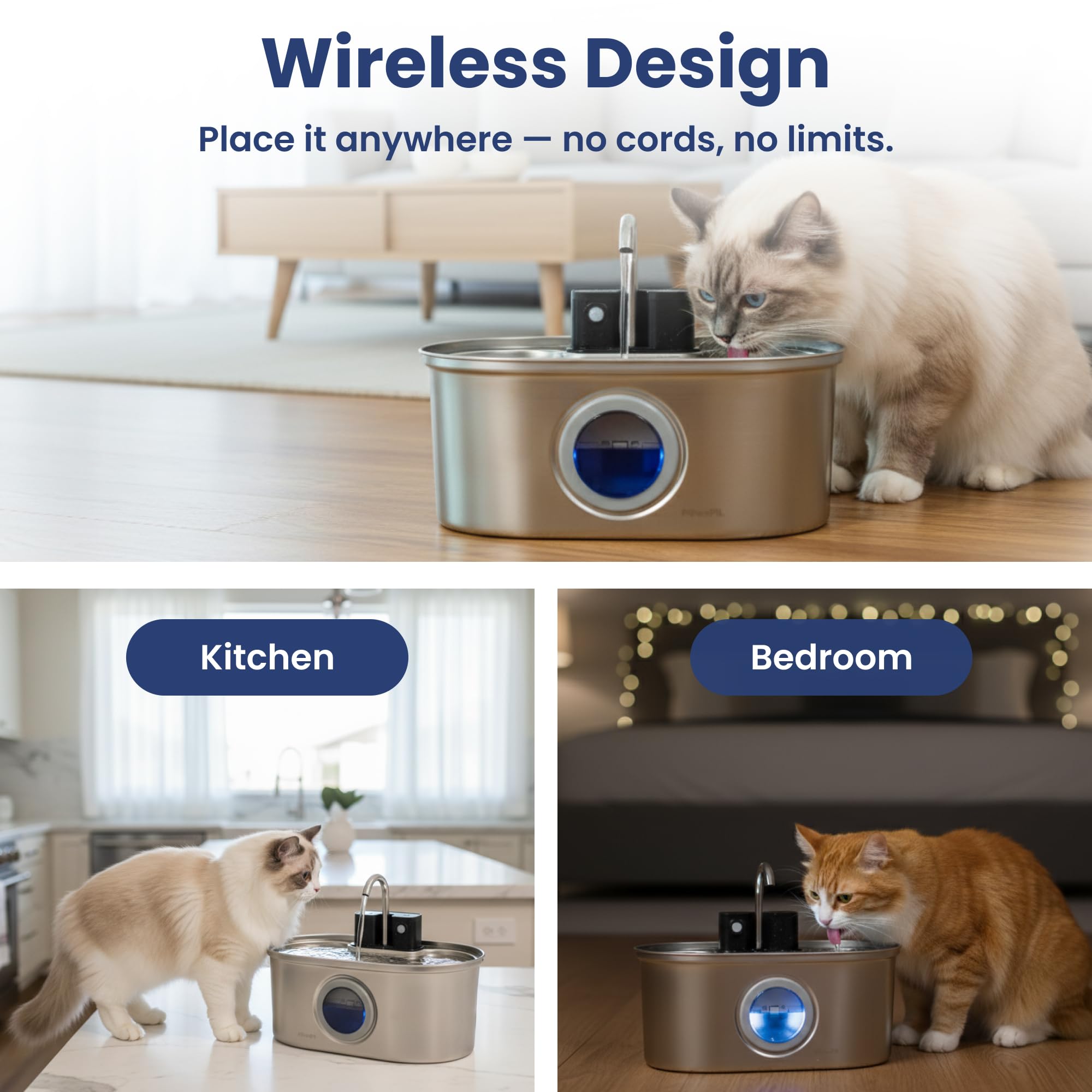 PawsPik Fuente de agua inalámbrica de acero inoxidable de 3.2 L, fuente de agua para mascotas, fuente de agua automática con filtro, sensor de movimiento y 3 modos de flujo para gatos y perros de