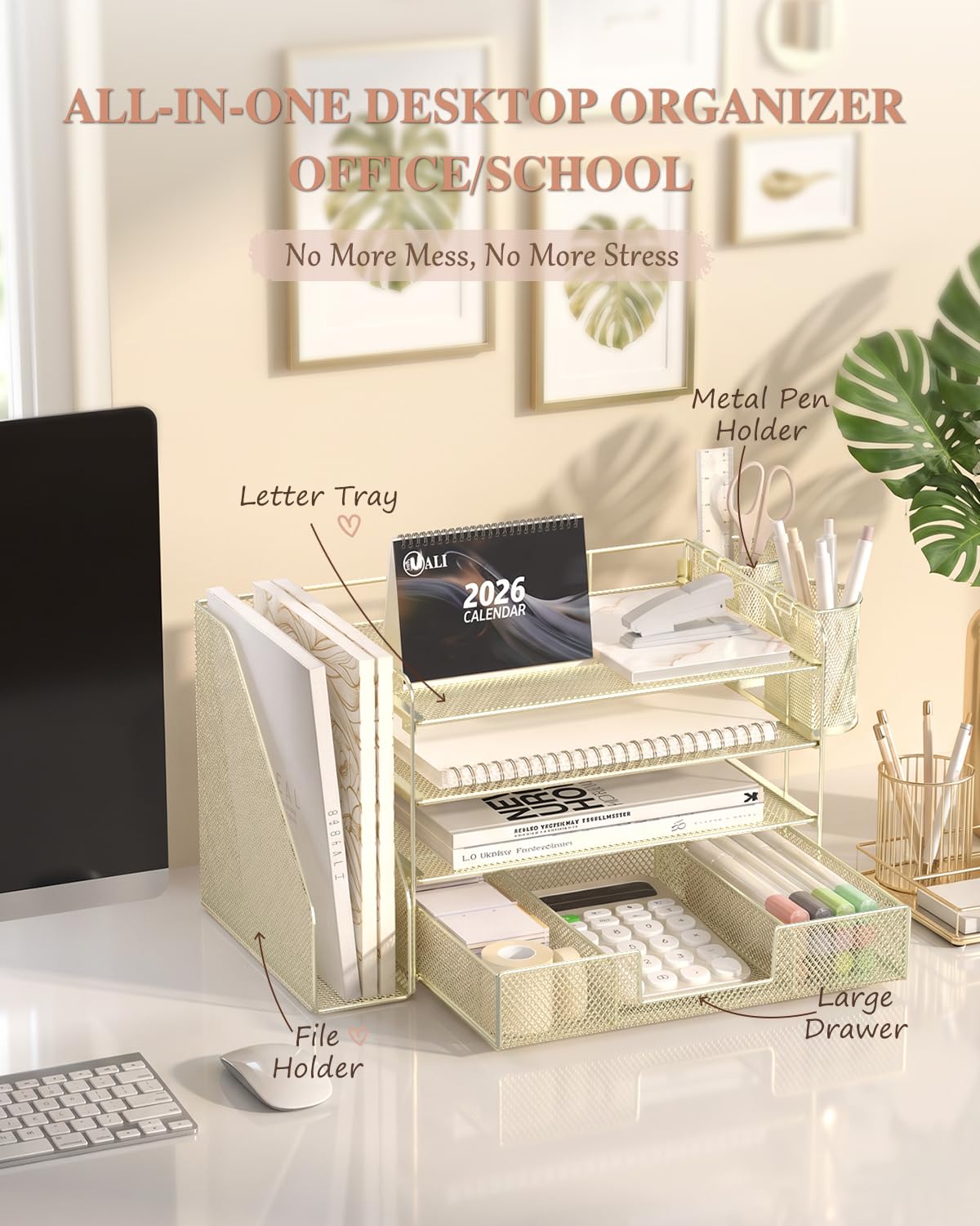 WALI Desk File Organizer, 4 Tier Desktop Paper Letter Tray Organizer with Drawer and 2 Pen Holders, Office Desk Accessories & Workspace Organizers for Office, Home, School Supplies, 1 Pack, Gold view 3