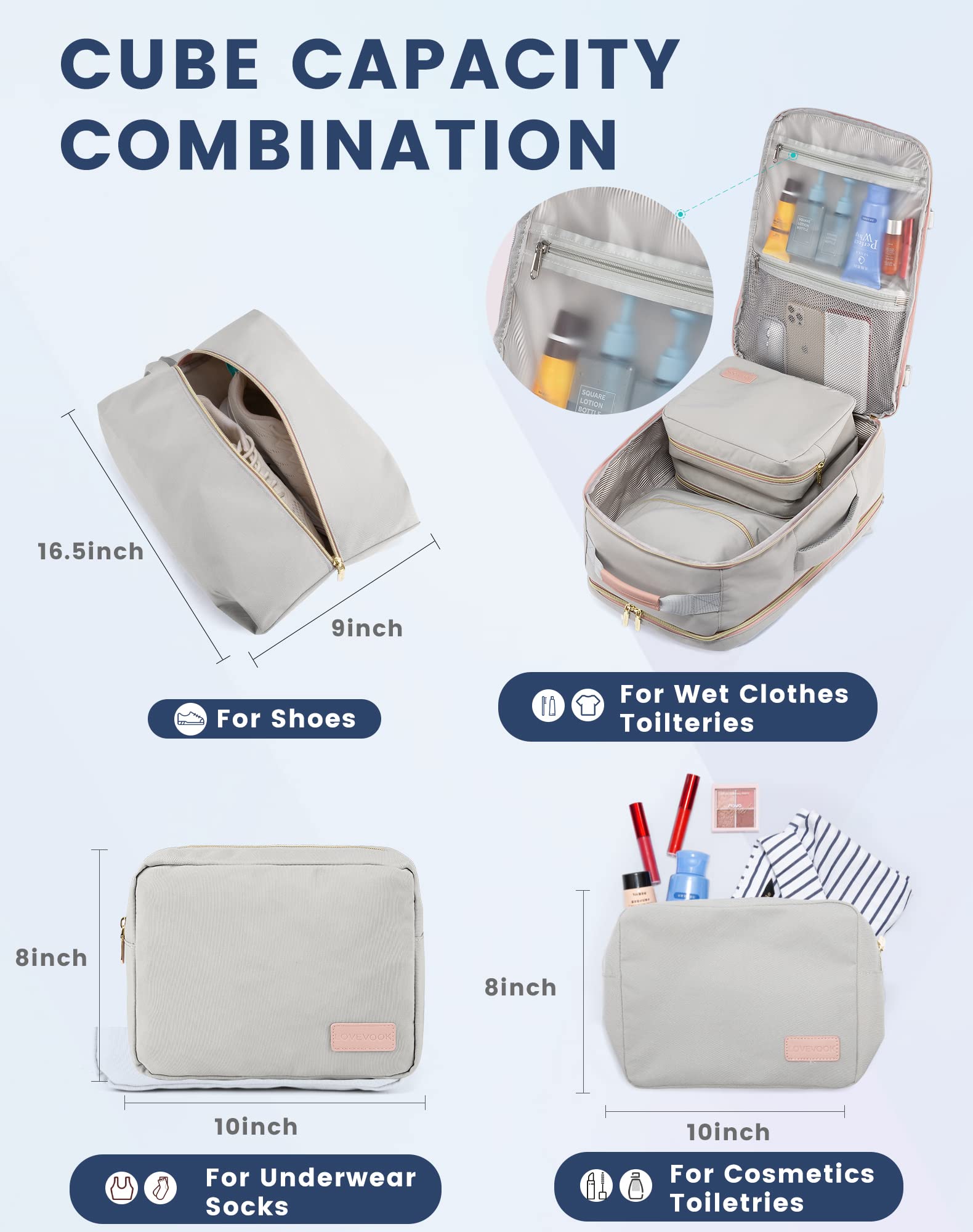 LOVEVOOK Zaino da Viaggio Aereo Bagaglio a Mano, Impermeabile Zaini Trolley Bagaglio Donna 40L Cabin Max per Ryanair Easyjet, Grande Zaino Porta PC 17 Pollici Valigia Borsa a Zainetto