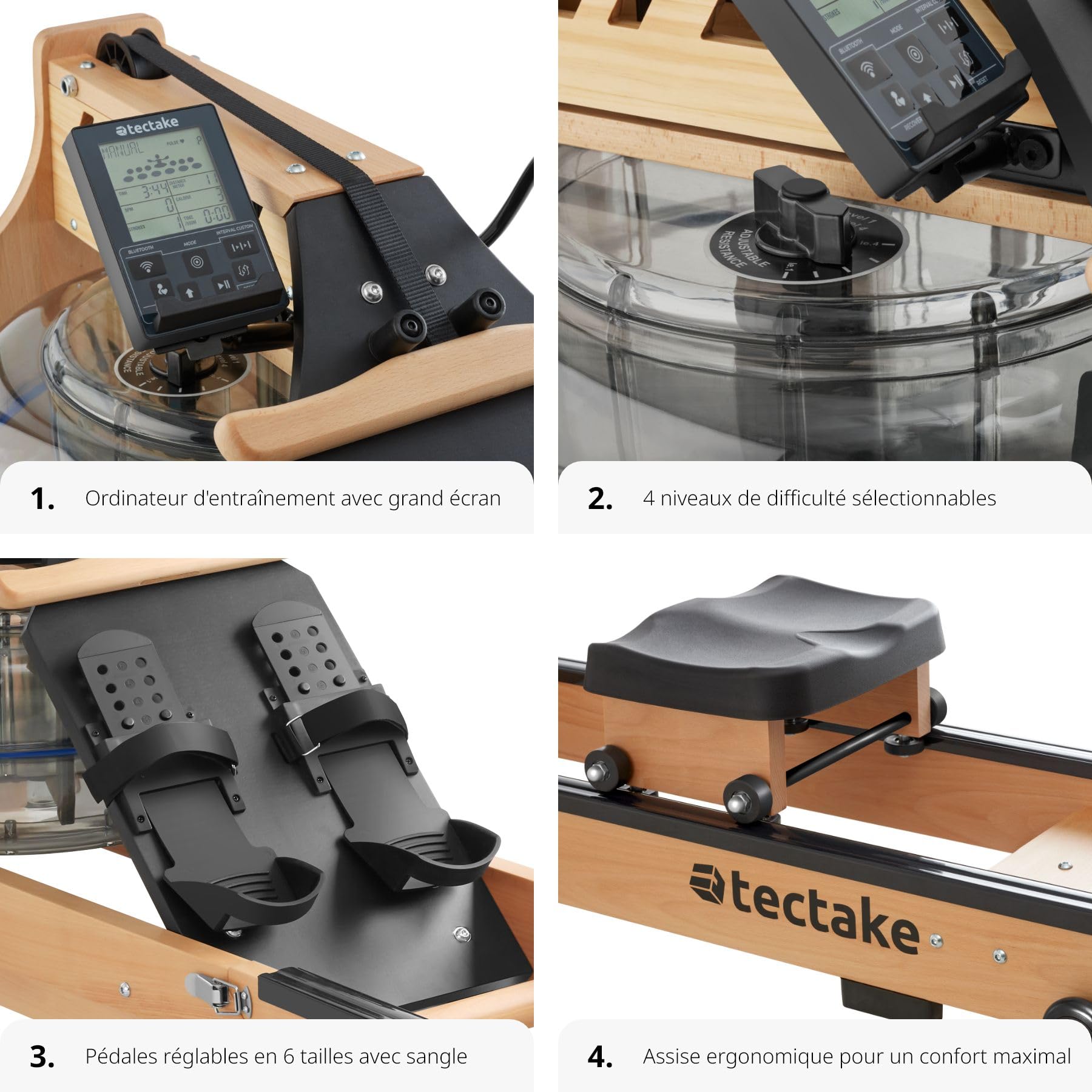 Rameur à Eau MettleMatic – Chêne FSC, Pliable 180°, Bluetooth, Charge 175 Kg, Tablette Incluse