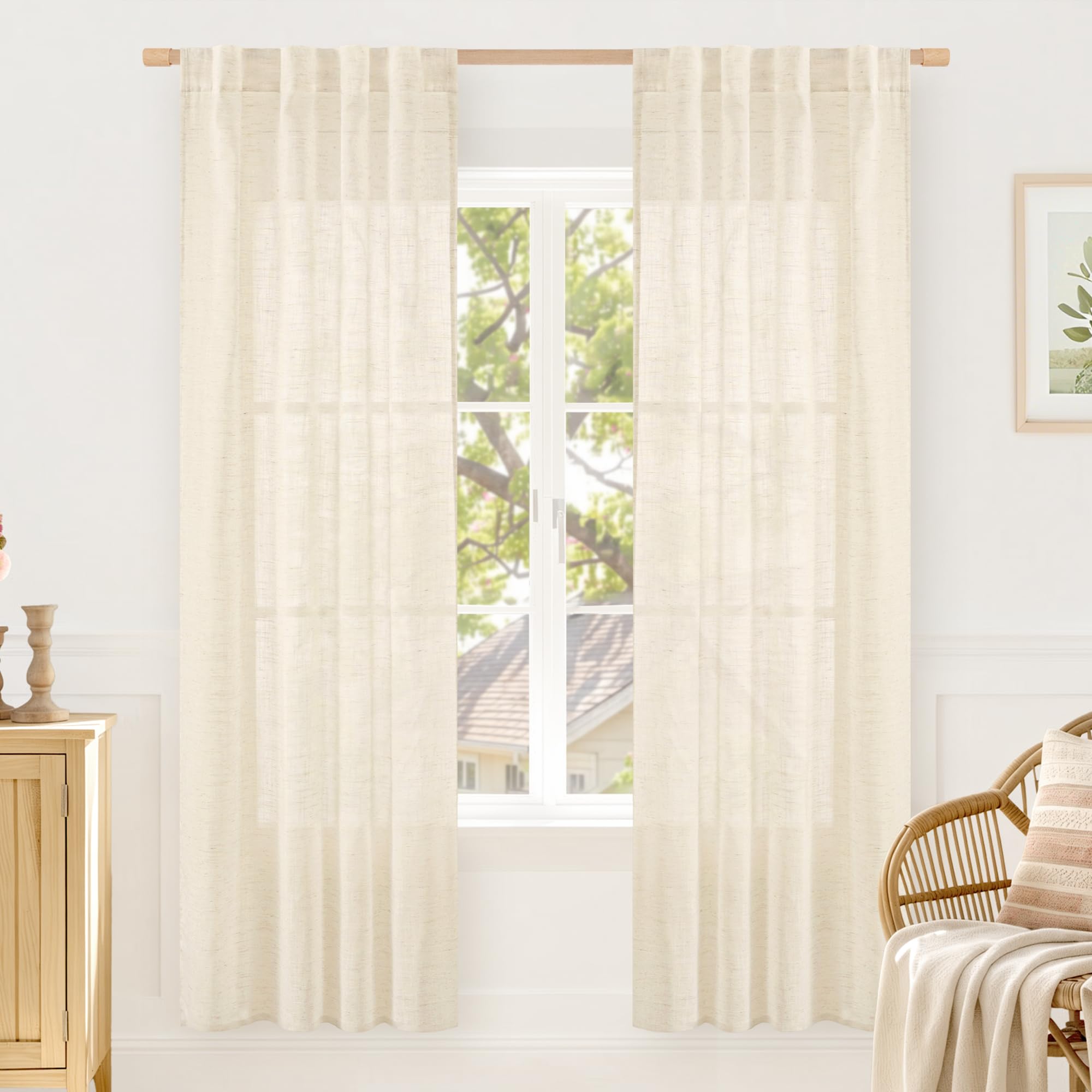 LAMIT Natural Linen Semi Sheer Curtains 84 Inches Long 2 Panels, Living Room Linen Textured Light Filtering Drapes Back Tab and Rod Pocket Neutral Window Panels for Bedroom/Sliding Door, 52 x 84 Inch — view 65