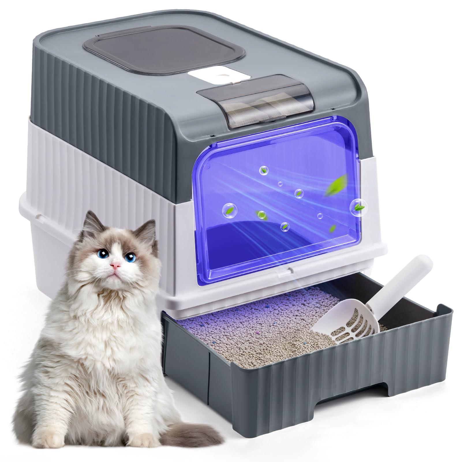 Fellie Cat Litter Box with UV Sterilization, Large Anti-Splash Litter Tray, Odor Control Easy Clean Foldable, Grey
