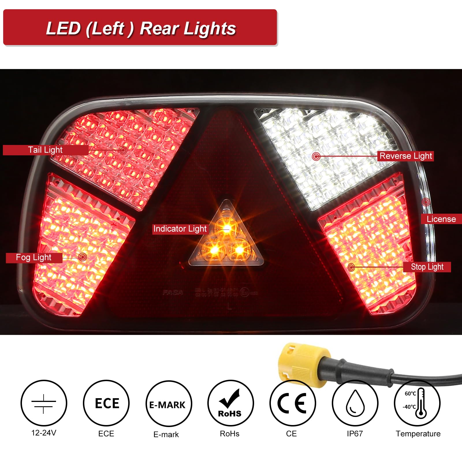 Feux de Remorques LED 12/24v,Feu Arriere led pour Remorque 7Function Antibrouillard Recul Éclairage, Feux Gabarit Remorqueavec 2x6broches Connexion à Baïonnette 30cm,Éclairage Remorque E-Mark