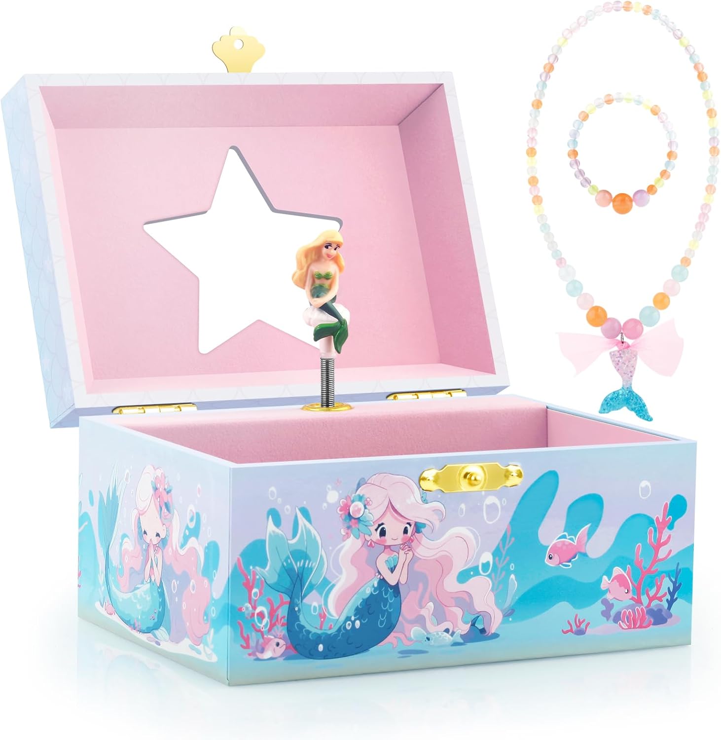 RR ROUND RICH DESIGN Kids Musical Jewelry Box for Girls Include Pretty Jewelry Set with Cute Mermaid Theme – Beautiful Dream Tune Blue