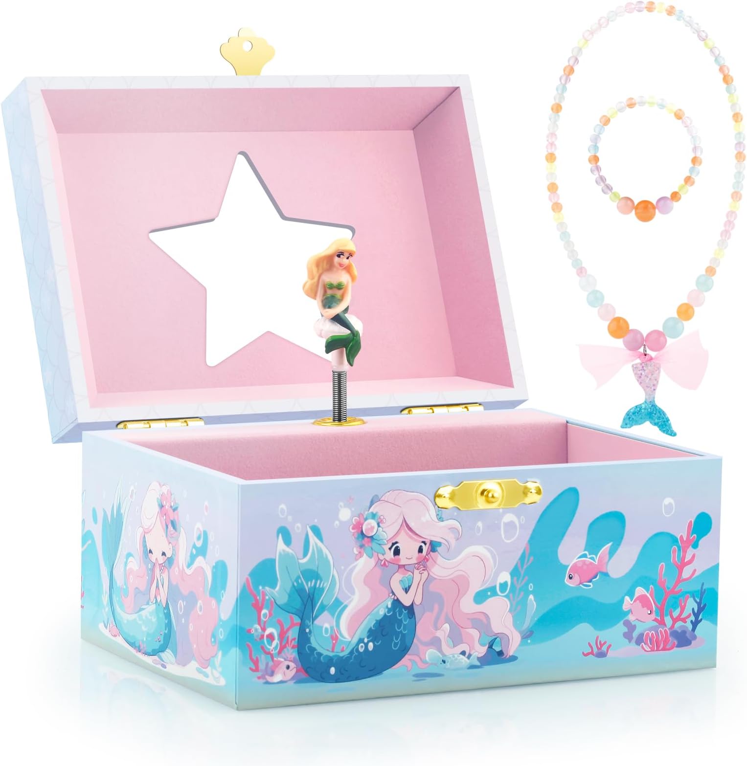 RR ROUND RICH DESIGN Kids Musical Jewelry Box for Girls Include Pretty Jewelry Set with Cute Mermaid Theme - Beautiful Dream Tune Blue