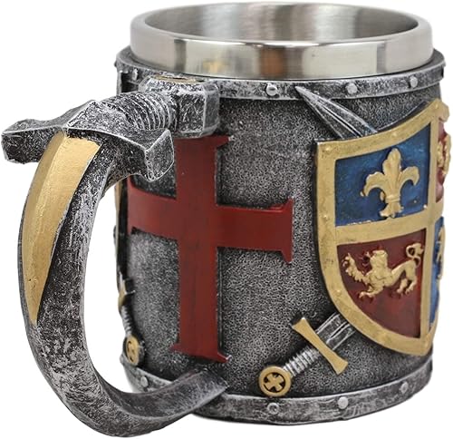 Miniatura 5 de Ebros León y Flor de Lis Escudo de Armas Heráldica Medieval Renacimiento Cruzado Caballero Traje de armadura Vajilla con Mango de Espada Excalibur