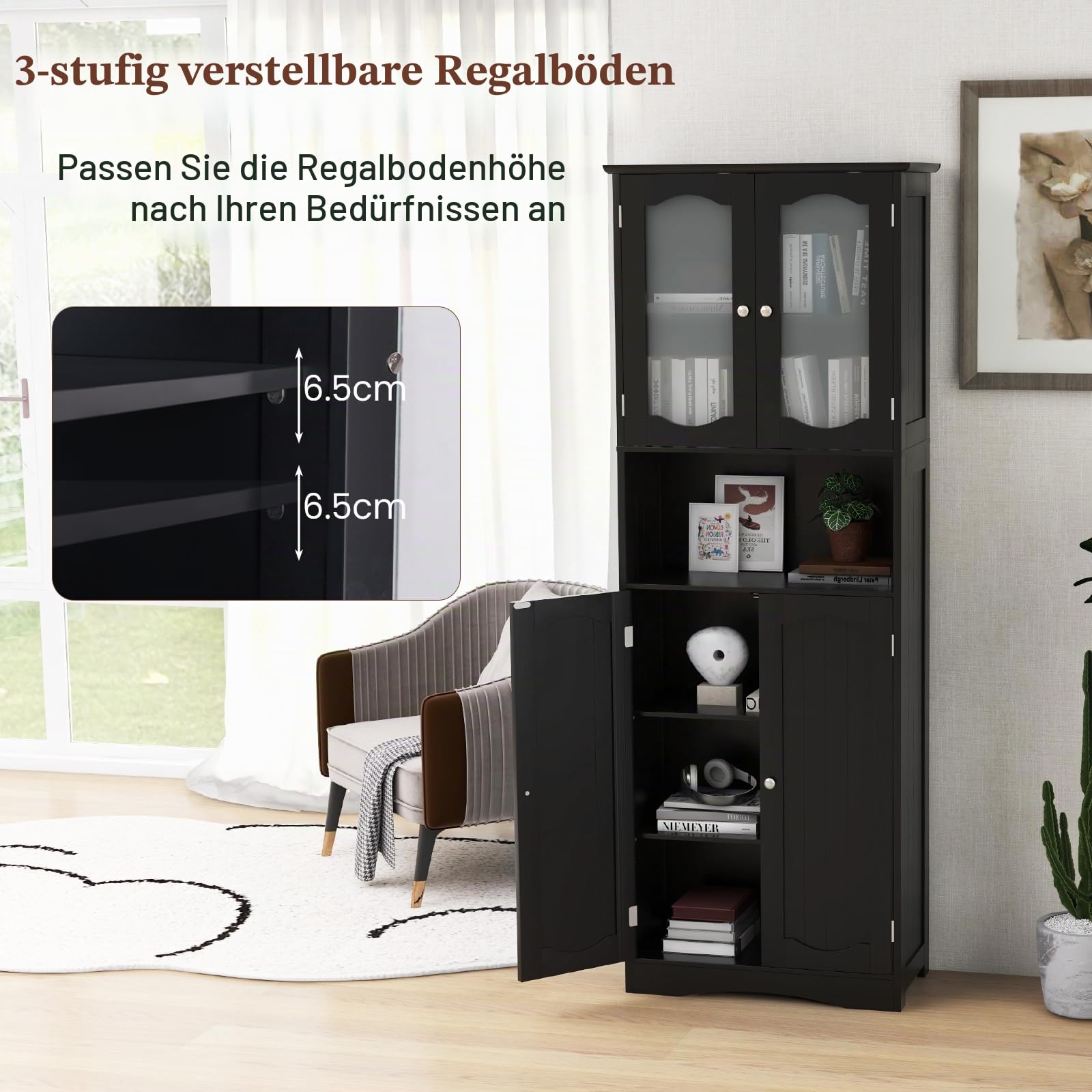 LIFEZEAL Hochschrank, Freistehender Badezimmerschrank mit Glastüren, Badschrank mit verstellbaren Regalen, Aufbewahrungs-Organizer für Küche, Wohnzimmer, Büro, 60 x 30 x 164 cm (Schwarz)