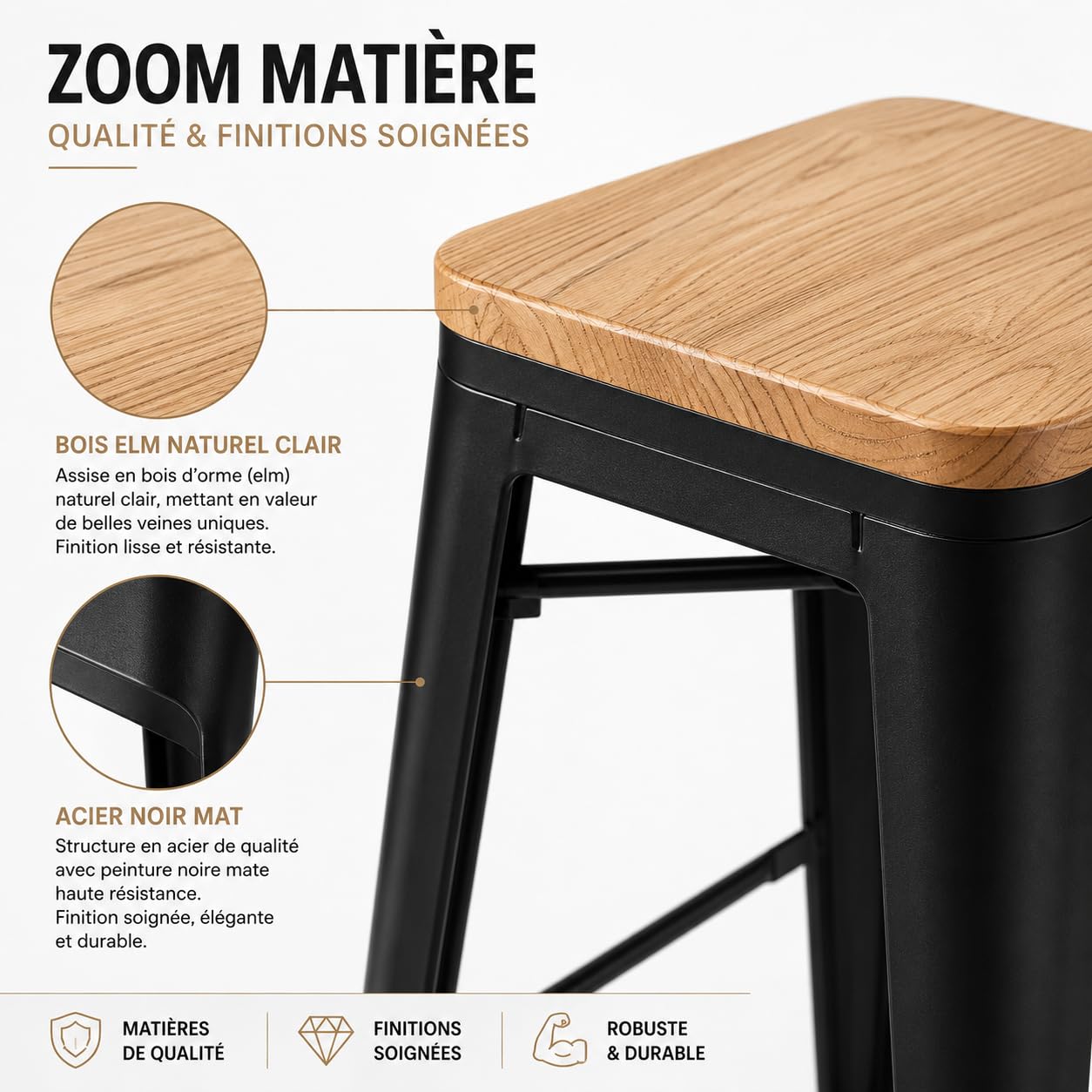 Kosmi Lot de 4 Tabourets de Bar Industriels 66 cm – Structure en Métal Noir Mat, Assise en Bois Clair, Style Loft Vintage, Cuisine, Îlot Central, Bar, Restaurant, Montage Facile