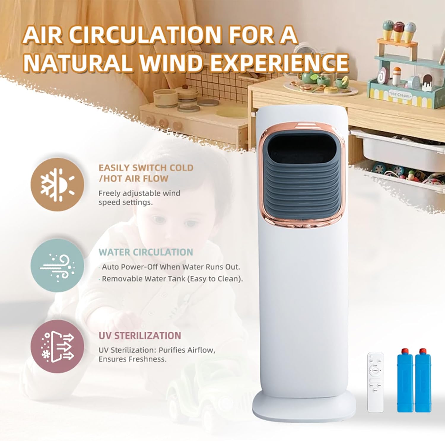Tower Fan with Air Cooler, Remote Control, Multi-Functional, White, 1800W Heating/60W Cooling, 3L Water Tank, 12H Timer, 32 Inches