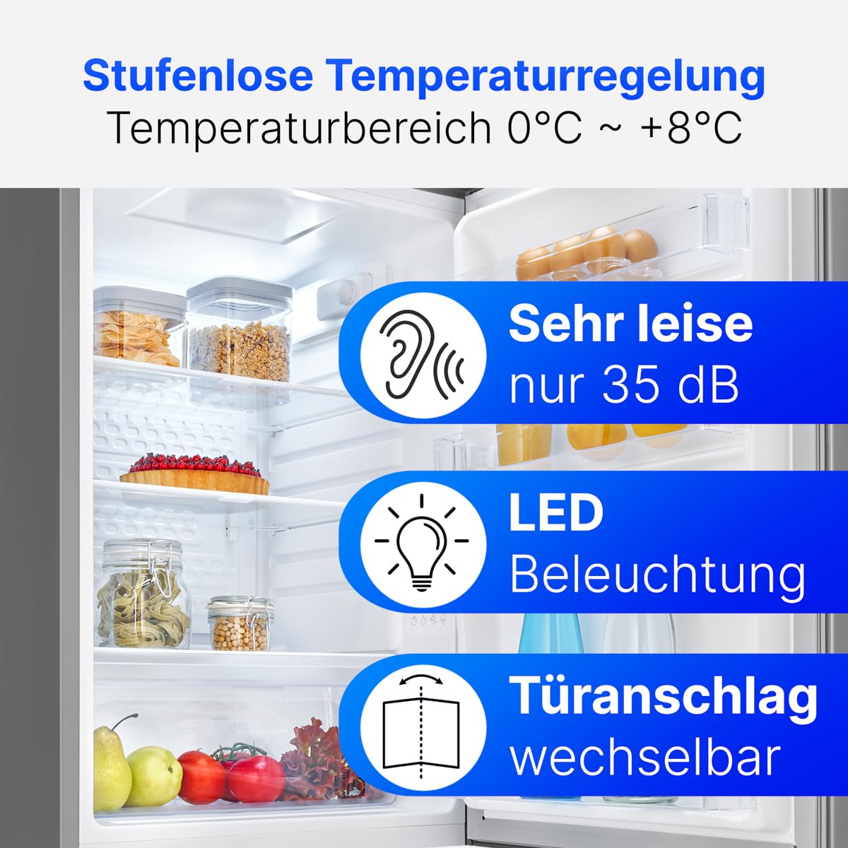 Lodówka Bomann® bez zamrażarki, Klasa energetyczna C, 85 cm, 5-letnia gwarancja na kompresor, Mała lodówka, 0-8°C, Cicha 35 dB, 3 półki, Standardowa lodówka 126 l, VS 7258 stal nierdzewna