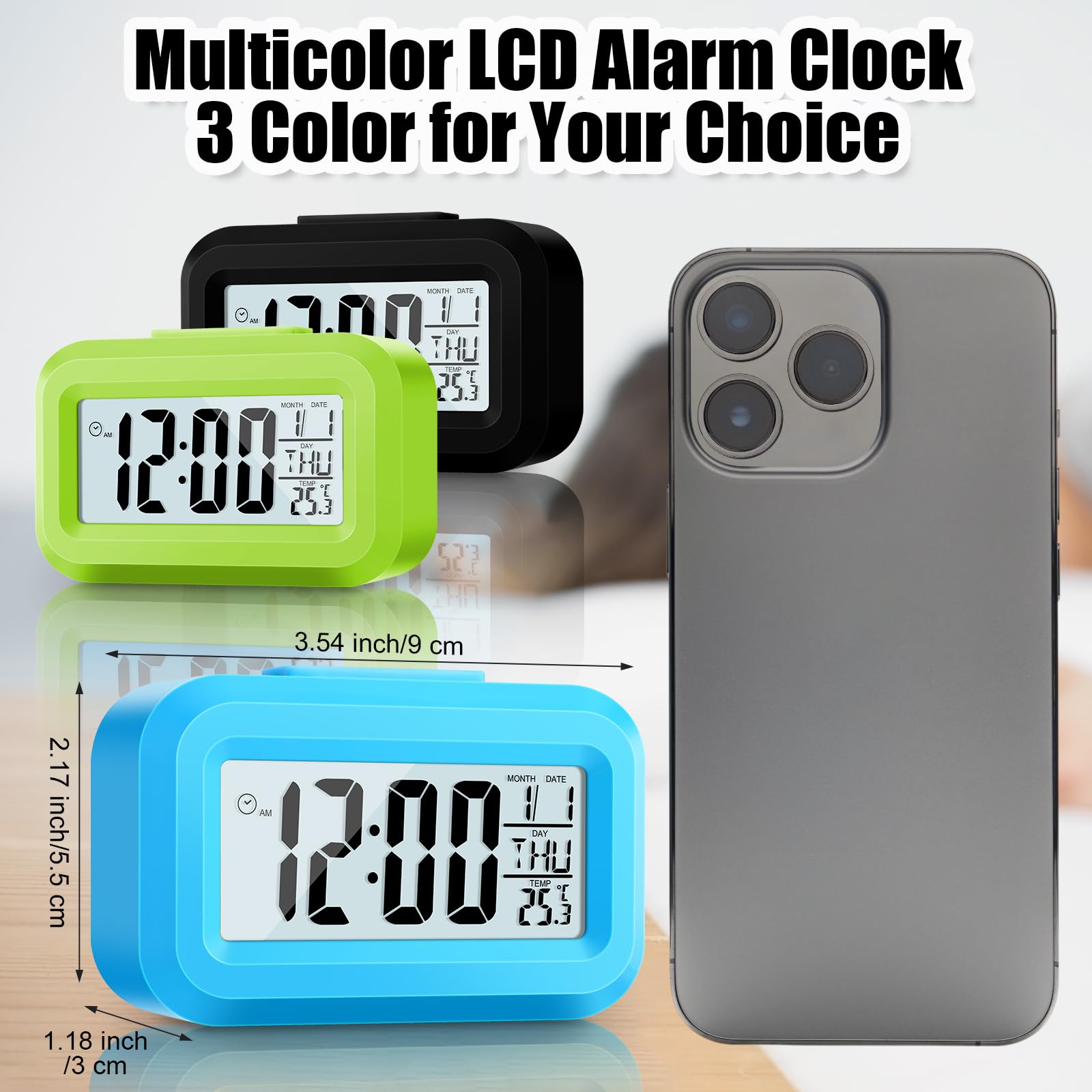 Highergo Paquete de 3 relojes despertadores digitales con pantalla LCD grande, funcionamiento simple, luz de fondo de repetición, hora, fecha, mes, reloj multifunción de temperatura para dormitorios,
