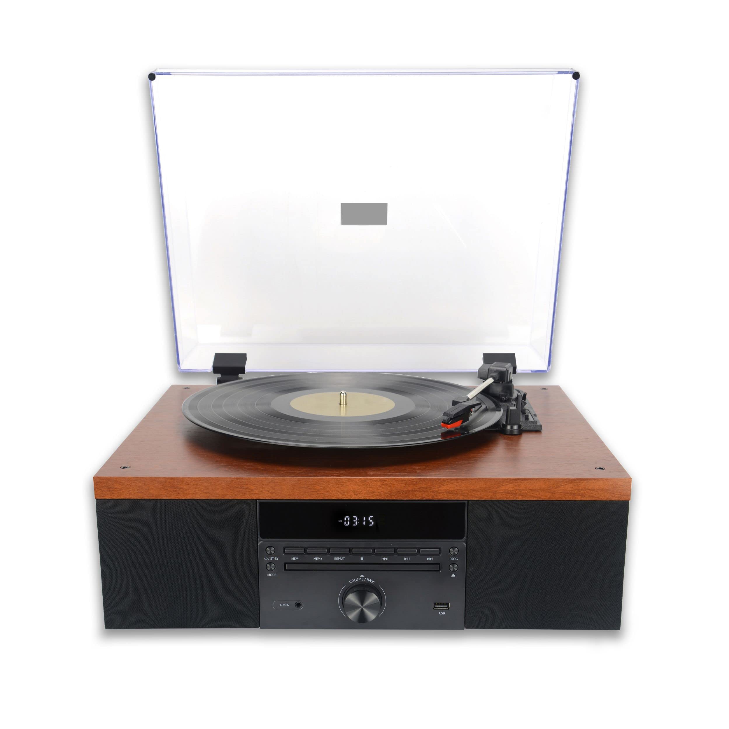 AKAI Plattenspieler Holz Schallplattenspieler mit Boxen Stereo-Lautsprecher für Vinyl Schallplatten CD-Player Abspielgerät, Bluetooth FM-Radio, USB Riemenantrieb Vintage Turntable