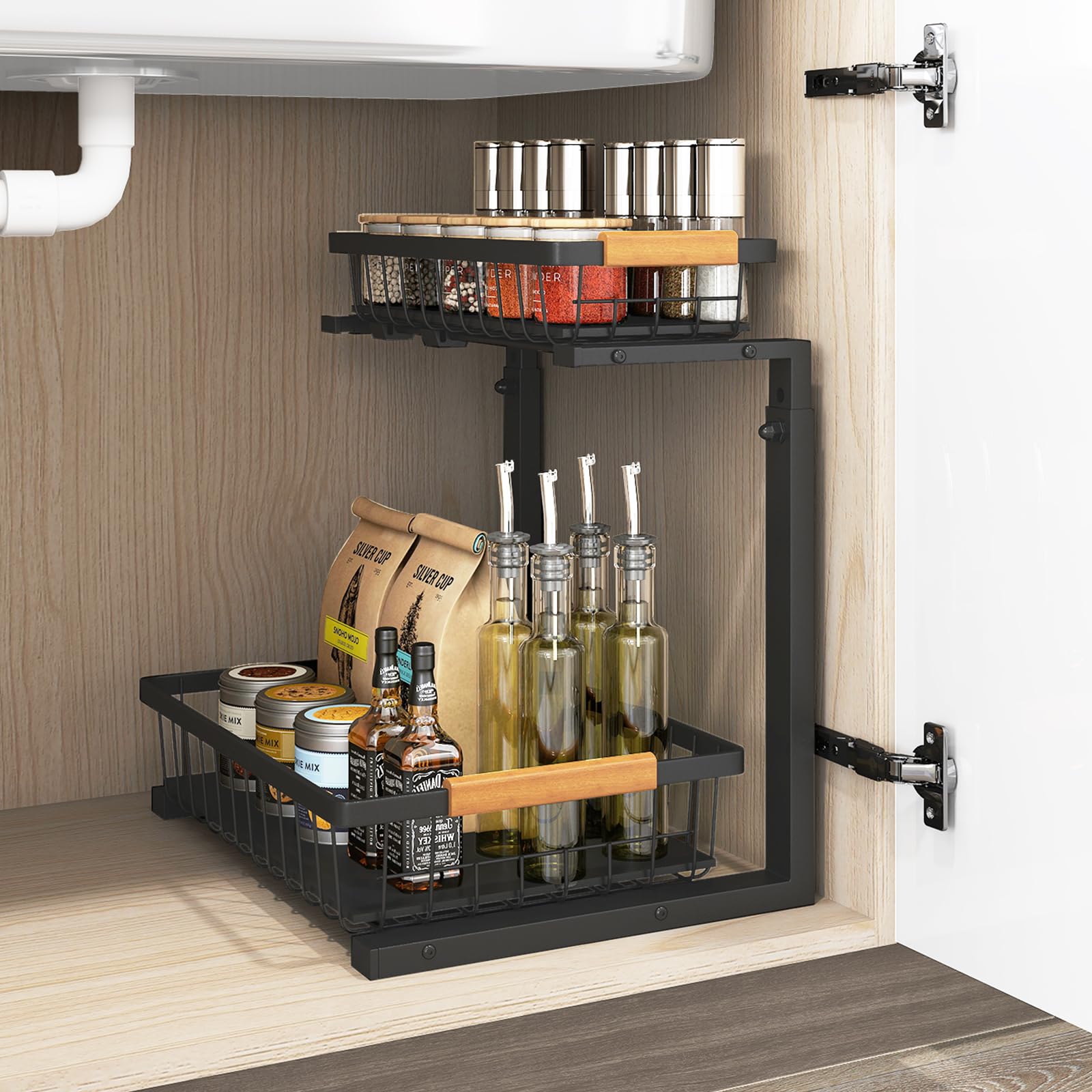 GREENSAPPIRE 1 Pack Under Sink Storage Organizer, 2 Tier Sliding Drawer Cabinet Organiser with Hooks & Hanging Cups, Kitchen Bathroom Under Sink Shelf Storage Rack for Cupboard Pantry (Black)