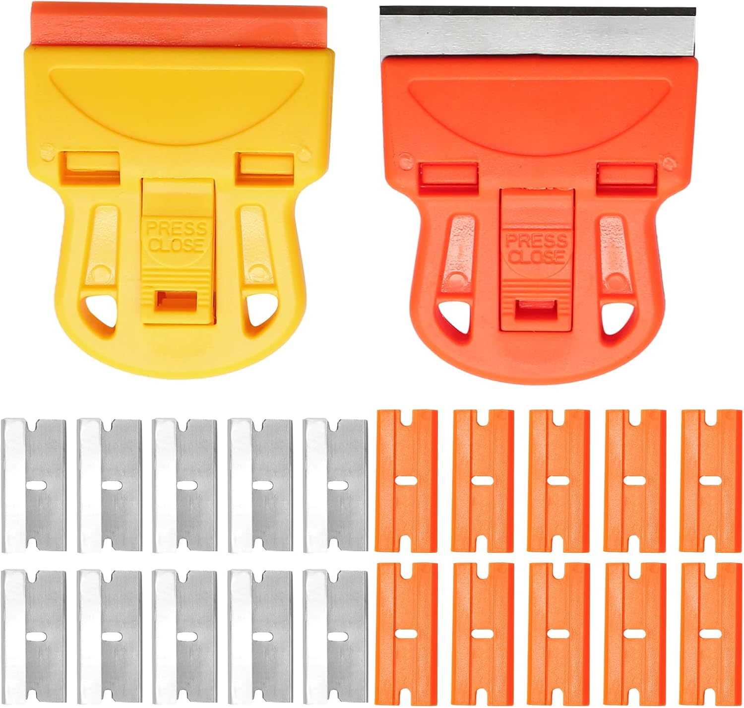 2 Sets Razor Blade Scrapers, Plastic Scraper Tool Extra 10 Plastic Razor Blades and 10 Metal Blades, Adhesive Remover Scraper for Glass Windows Sticker Removal
