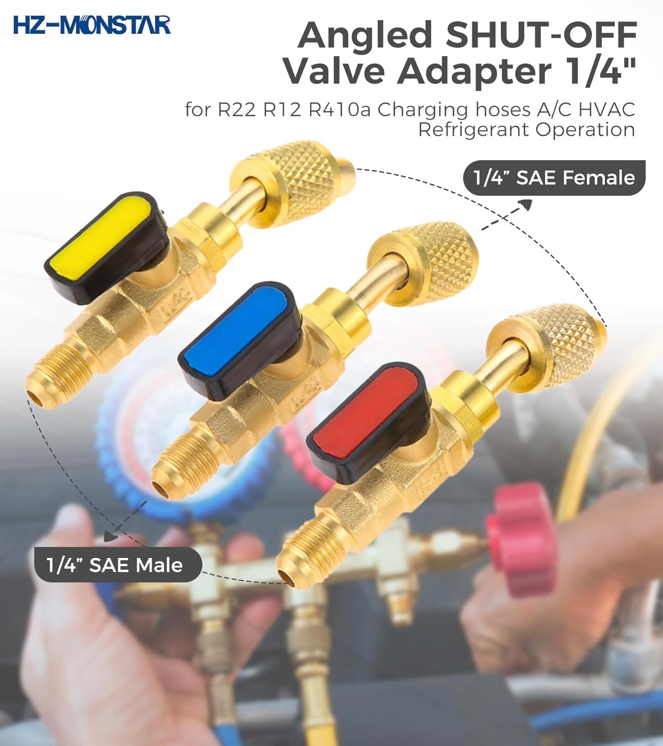 R410A R22 Valve Core Remover Installer Tool Kit with Dual Size 1/4" 5/16" Port, R134A Angled Shut-Off Ball Valve Adapter 1/4" SAE, R410A Adapter 1/4" Male 5/16" Female for R12 R22 R502 AC Refrigerant