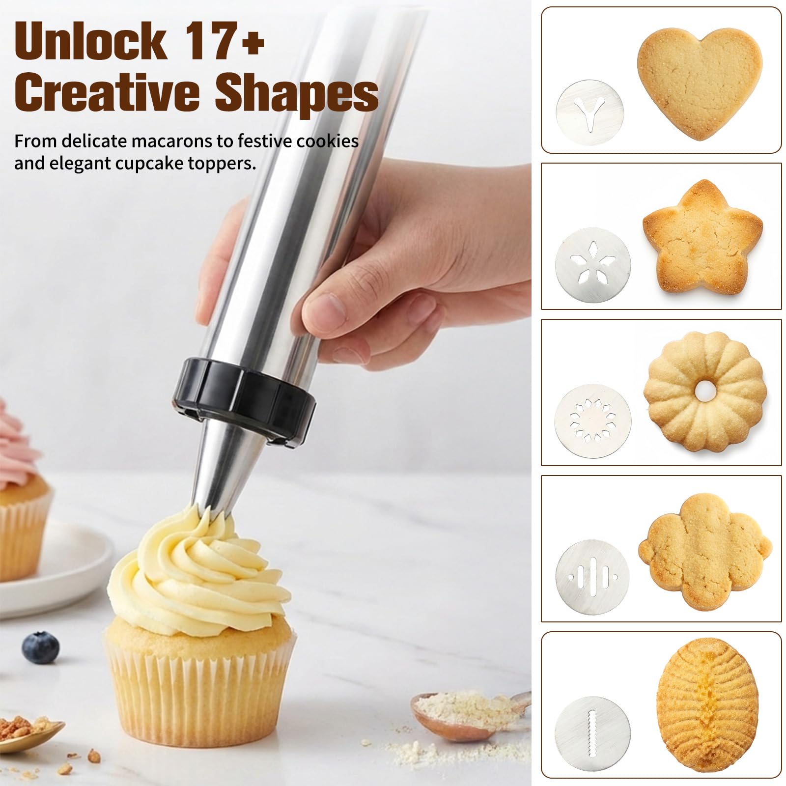 Pressa per pasticceria a spruzzo, in acciaio inox, con 10 stencil, 7 beccucci in acciaio inox, per dolci e dessert