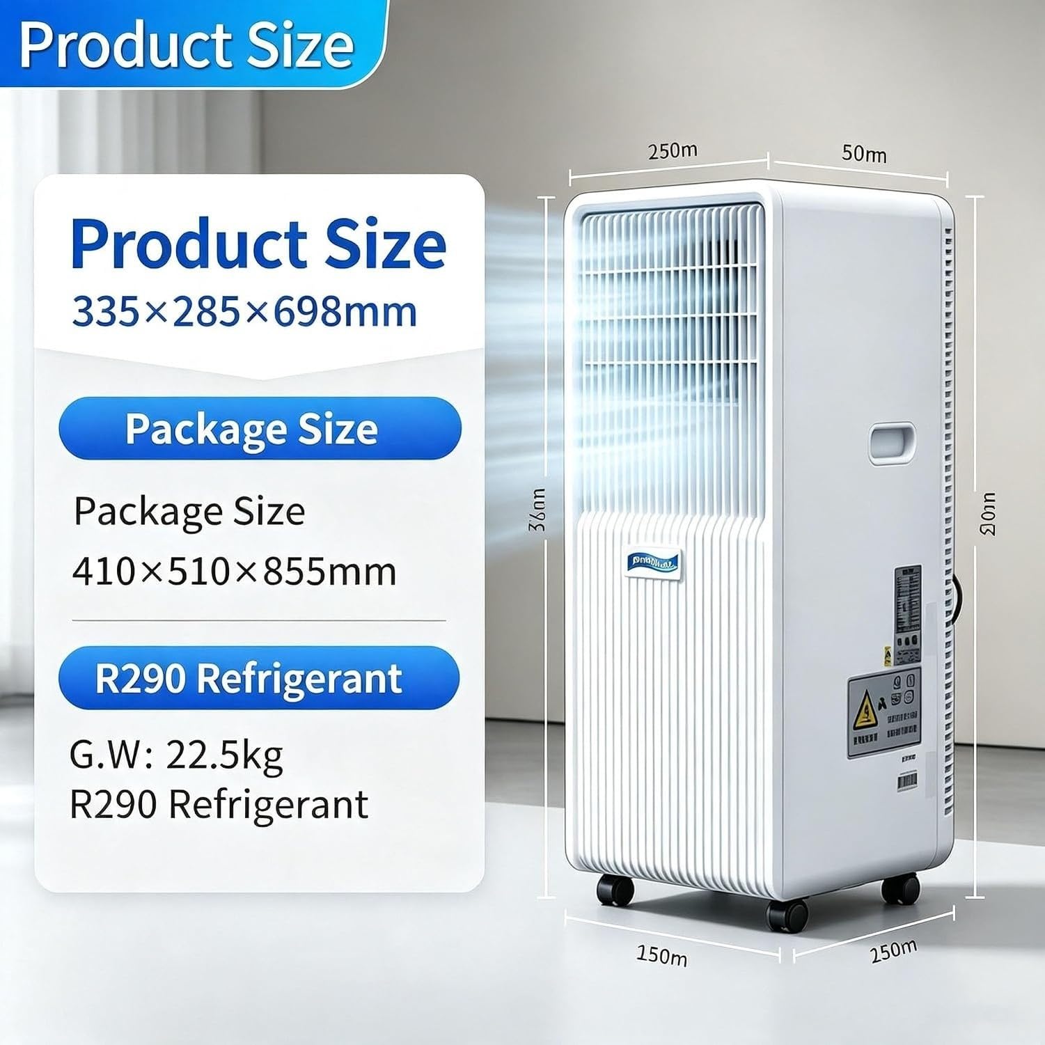Condizionatore d'Aria Portatile 9000 BTU con Telecomando, Timer 24H, modalità Notte, Kit Finestra, 2 velocità, 3 modalità per casa e Ufficio, 14000 BTU, 14000 BTU