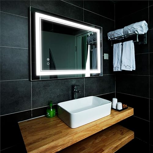 Espejo de baño LED para pared espejo de tocador con antiniebla regulable impermeable botón táctil espejo de maquillaje con luces verticales y Espejo de baño LED para pared espejo de tocador con antiniebla regulable impermeable botón táctil espejo de maquillaje con luces verticales y