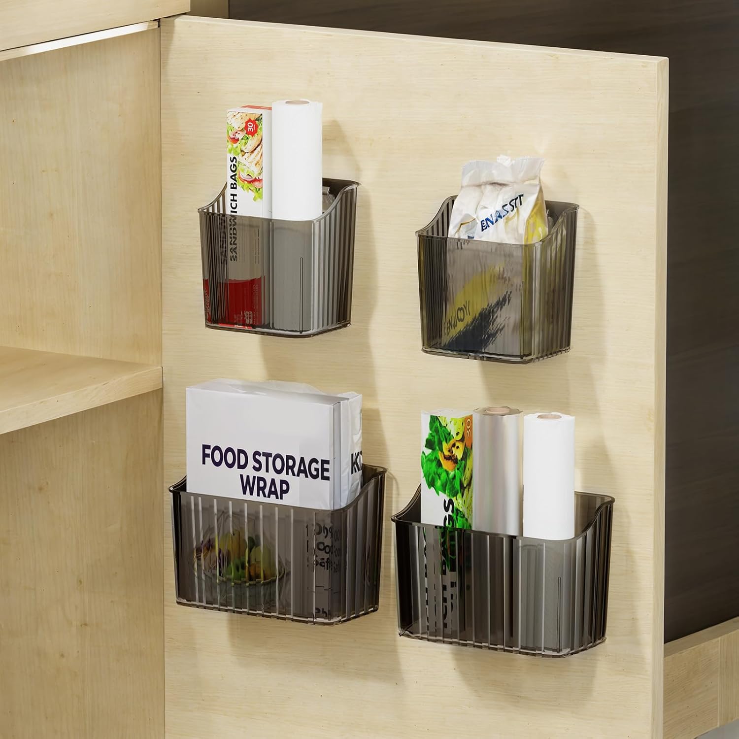 PAVSTINE 4Pcs Cabinet Door Storage Box Self-adhesive No Residue, Durable Cupboard Organiser for Cabinets/Bathrooms/Fridges/Undersink, Kitchen Wardrobes Organisation, Modern, Clear Black