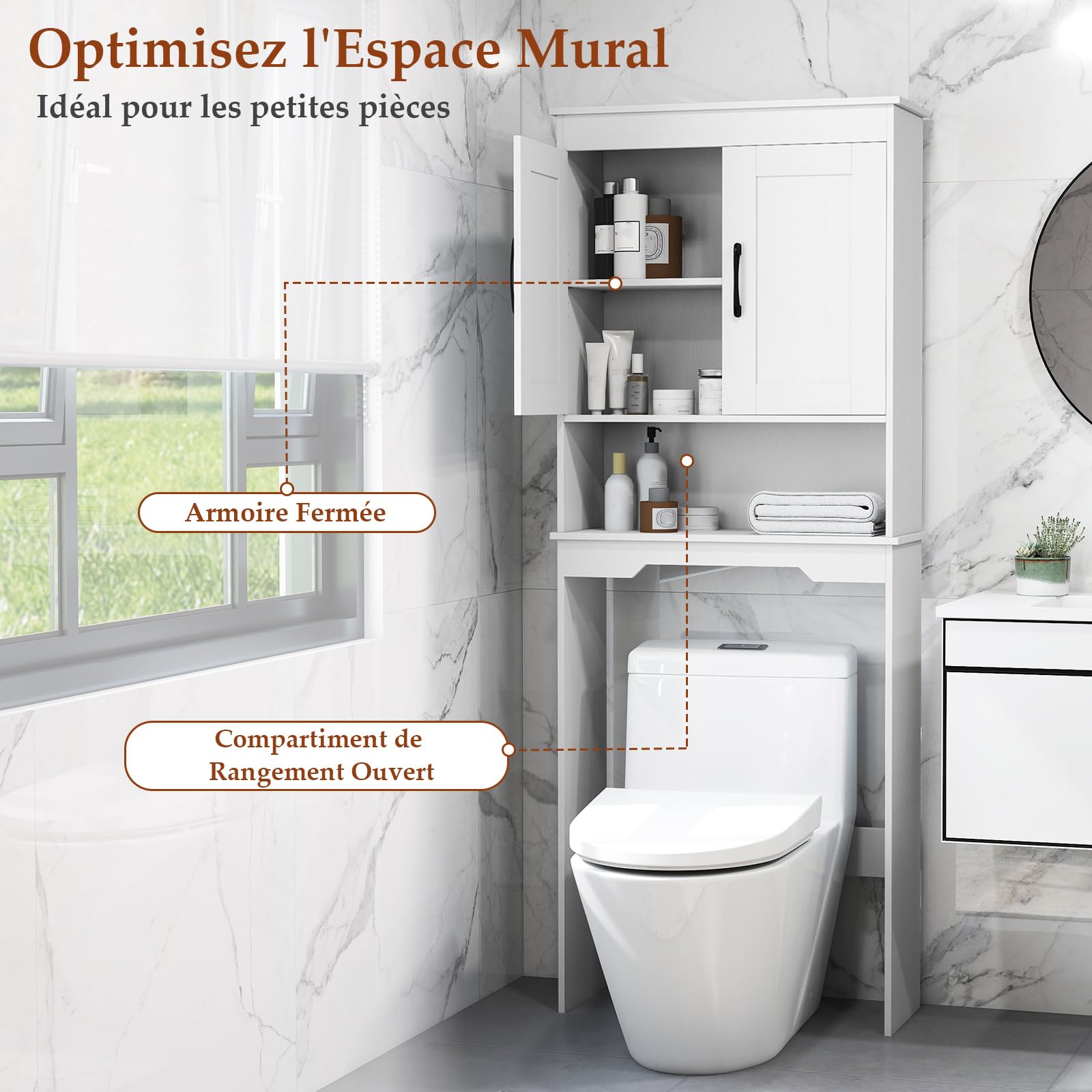 COSTWAY Meuble Toilette Étagère WC, 168 cm de Hauteur, 2 Portes, Compartiments Ouverts, Étagère Réglable, Gain de Place, Meuble WC Rangement, pour Salle de Bain, Buanderie, Blanc