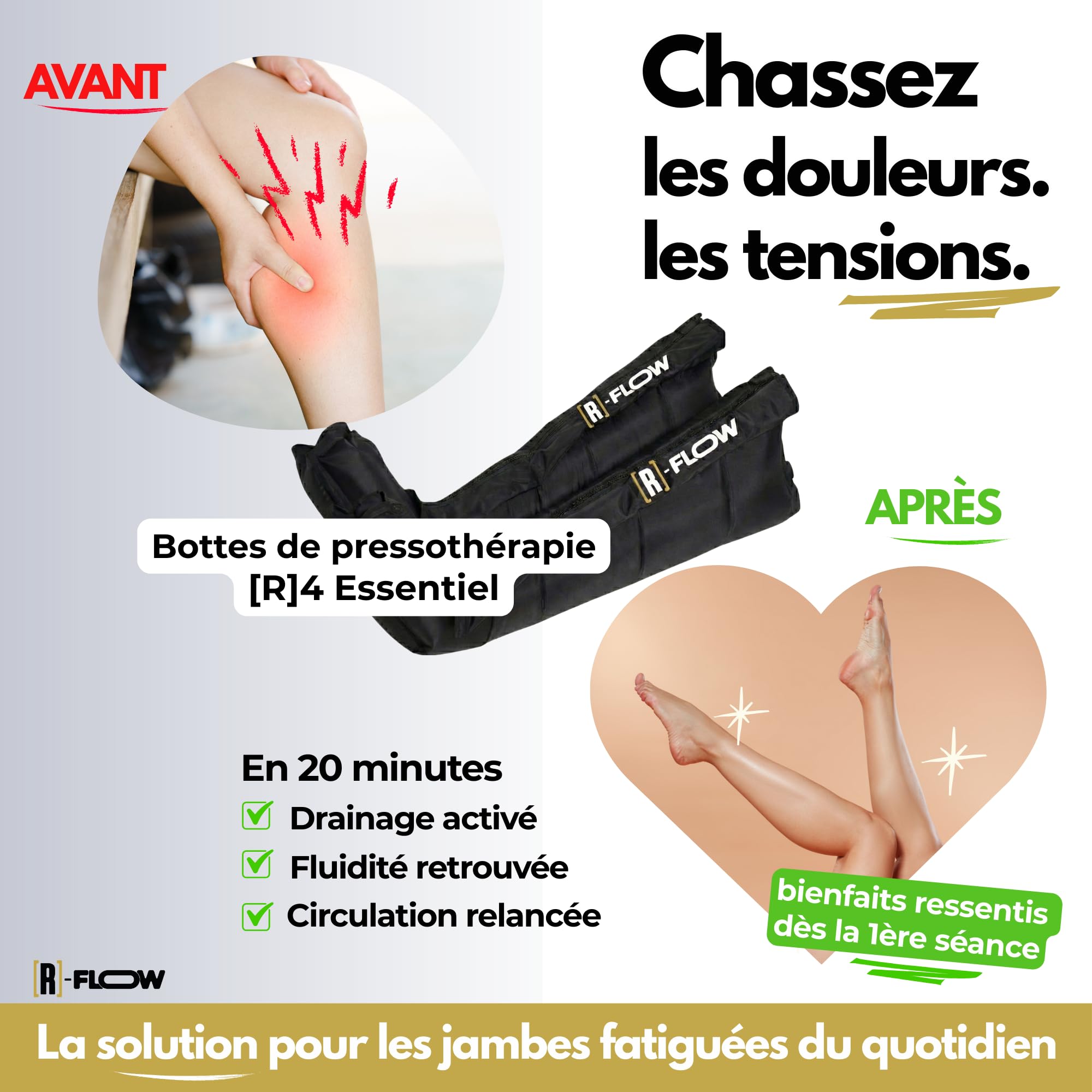 [R]-FLOW Bottes de Pressothérapie 4 Zones | 3 Programmes Essentiels | Jambes Lourdes & Rétention d’Eau | Récupération Musculaire | Sans Fil, Portable | Garantie 3 Ans | Idée Cadeau Fête des Pères