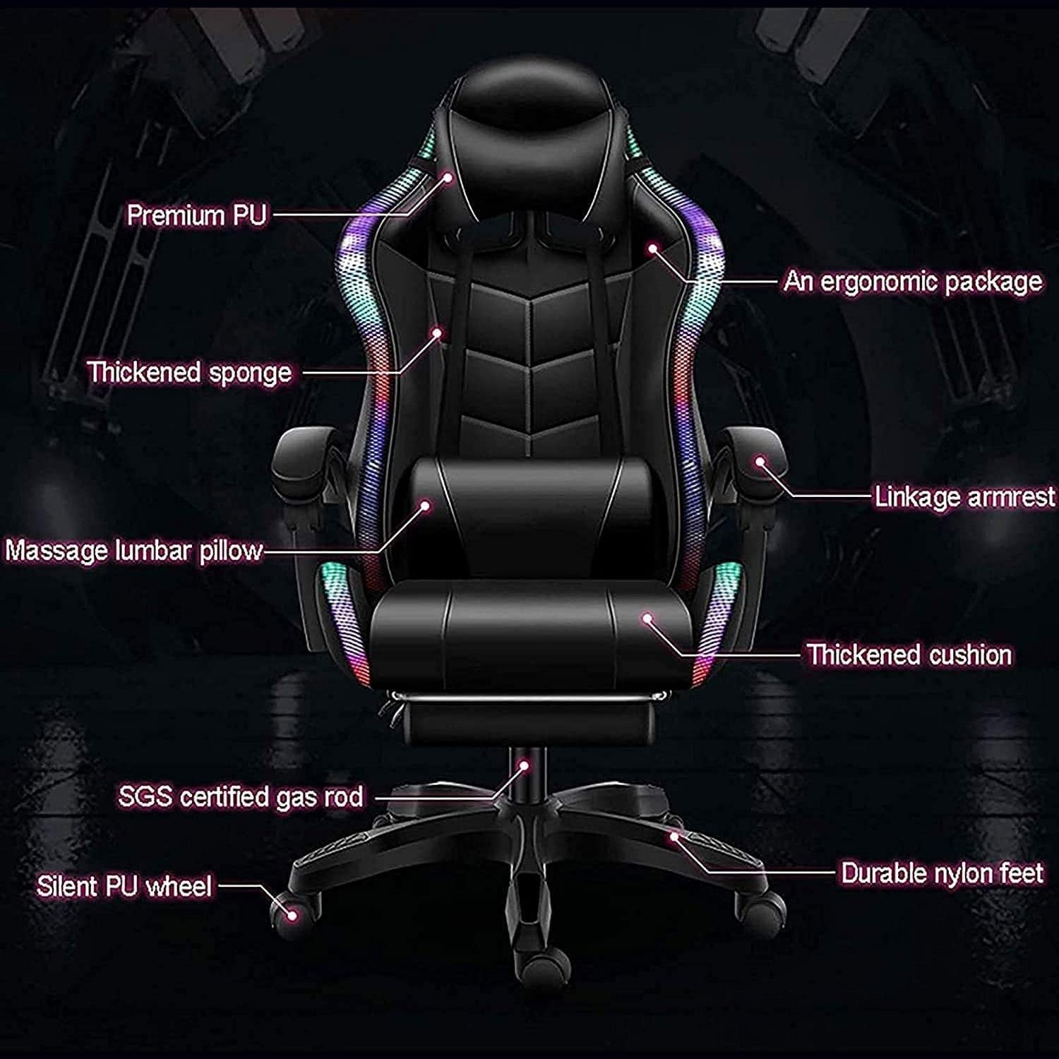 Krzesło dla graczy, krzesło dla graczy, z podnóżkiem, ergonomiczne krzesło dla graczy z głośnikami i światłem LED, masaż wysokim oparciem, krzesła do gier wideo, skóra PU, wygodny komputer