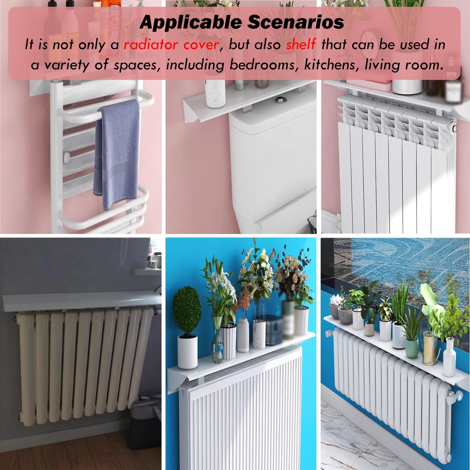 Pływające wsporniki półek grzejnikowych, 60 80 100 120 140 160 CM Pływająca półka nad osłoną grzejnika, aluminiowy uchwyt górny ze wspornikami do biur/domu/studio(170cmx14.5cm)