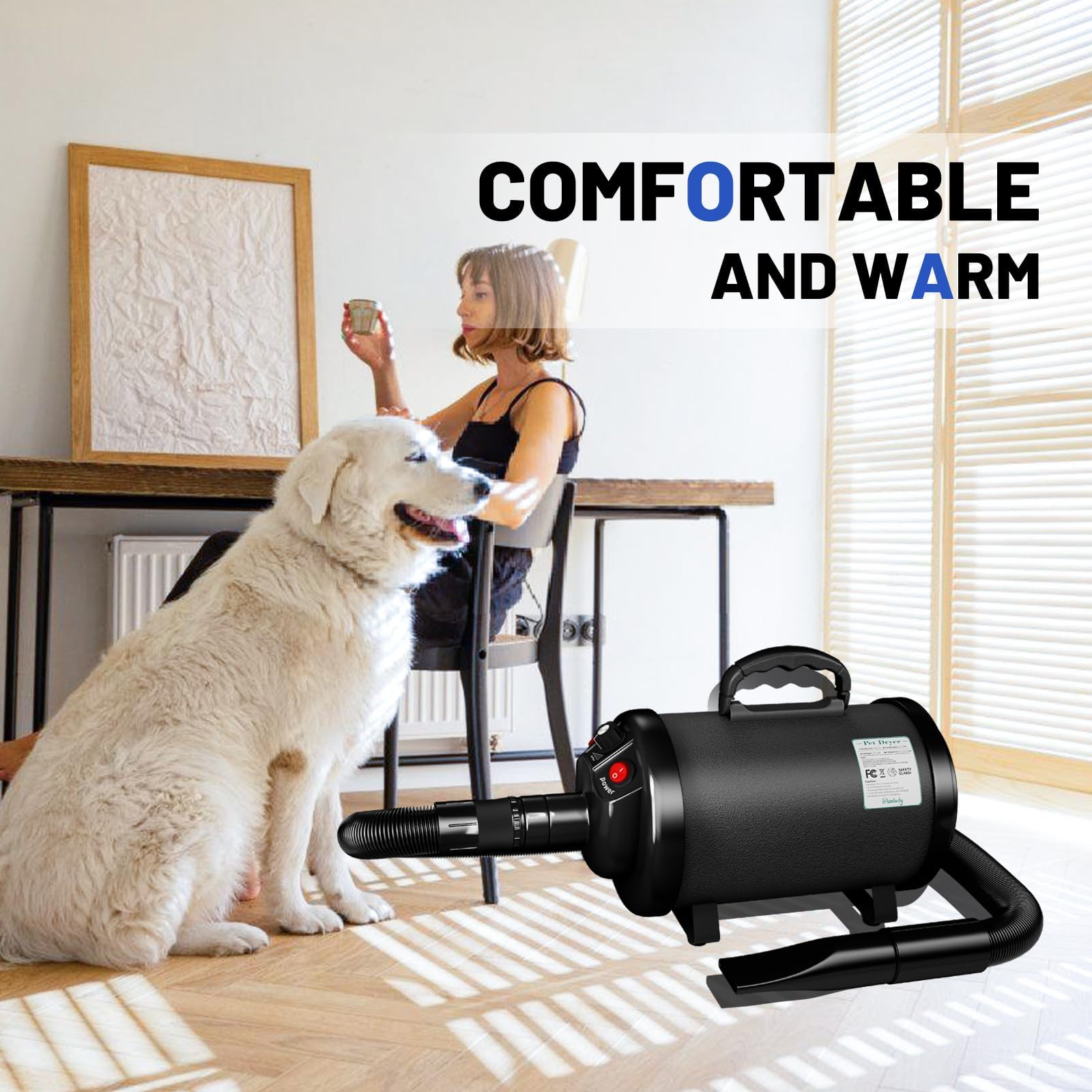 Blanlody Asciugacapelli per Cani Blower Molto Silenzioso, 5,2 CV/3800 W, velocità Regolabile, Ventilatore per la Cura del Cane con 4 Diversi ugelli, Tubo Elastico