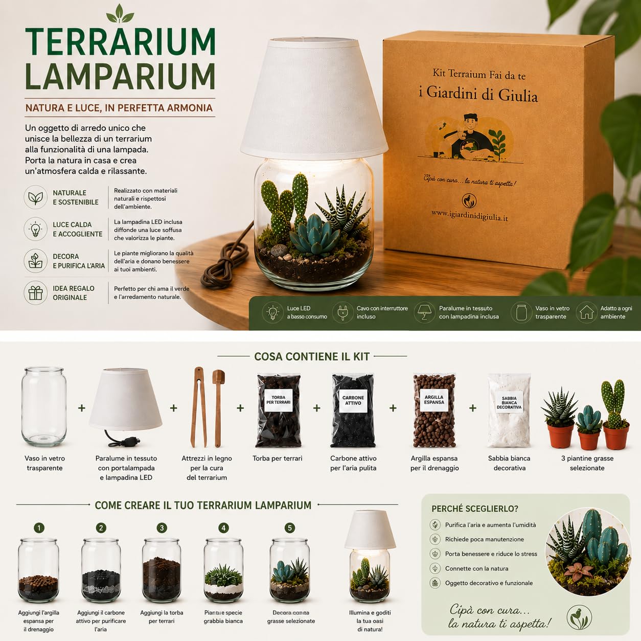 Kit Terrarium Lamparium Medio con Piante Grasse | Vaso in Vetro Ø22 cm con Paralume Incluso | Include Substrati,Accessori e Terrario Fai-da-Te