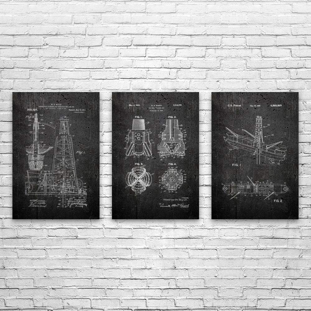 Patent Earth Oil Drilling Posters Set of 3 (11x14), Rig Worker, Roughneck Gift, Oil Industry Art, Oil Well Blueprint, Energy Contractor Dark Concrete