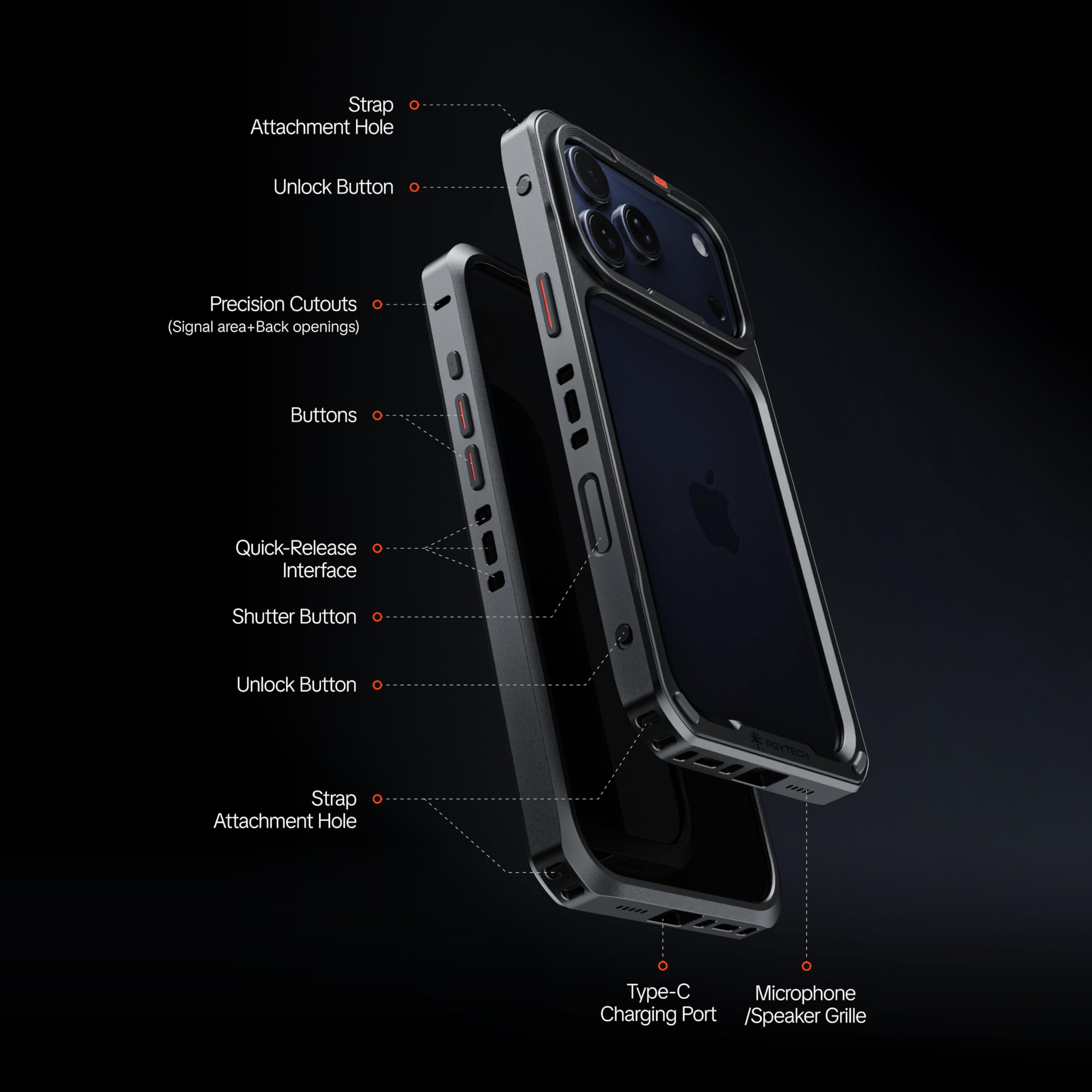 PGYTECH ProShot Jaula para Teléfono para iPhone 17 Pro, Funda Protectora de Móvil de Aleación de Aluminio con Puertos de Expansión para Video Vlogging Fotografía con Smartphone