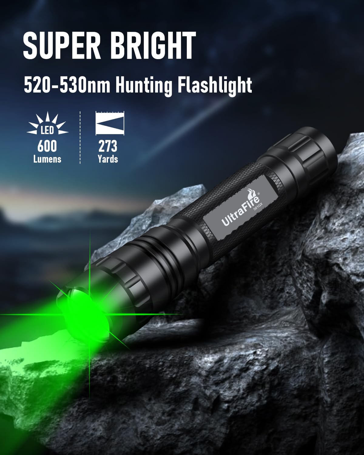 ULTRAFIRE 501GX Grünes LED-Jagd-Taschenlampen-Set, 600 Lumen, 520-530 nm