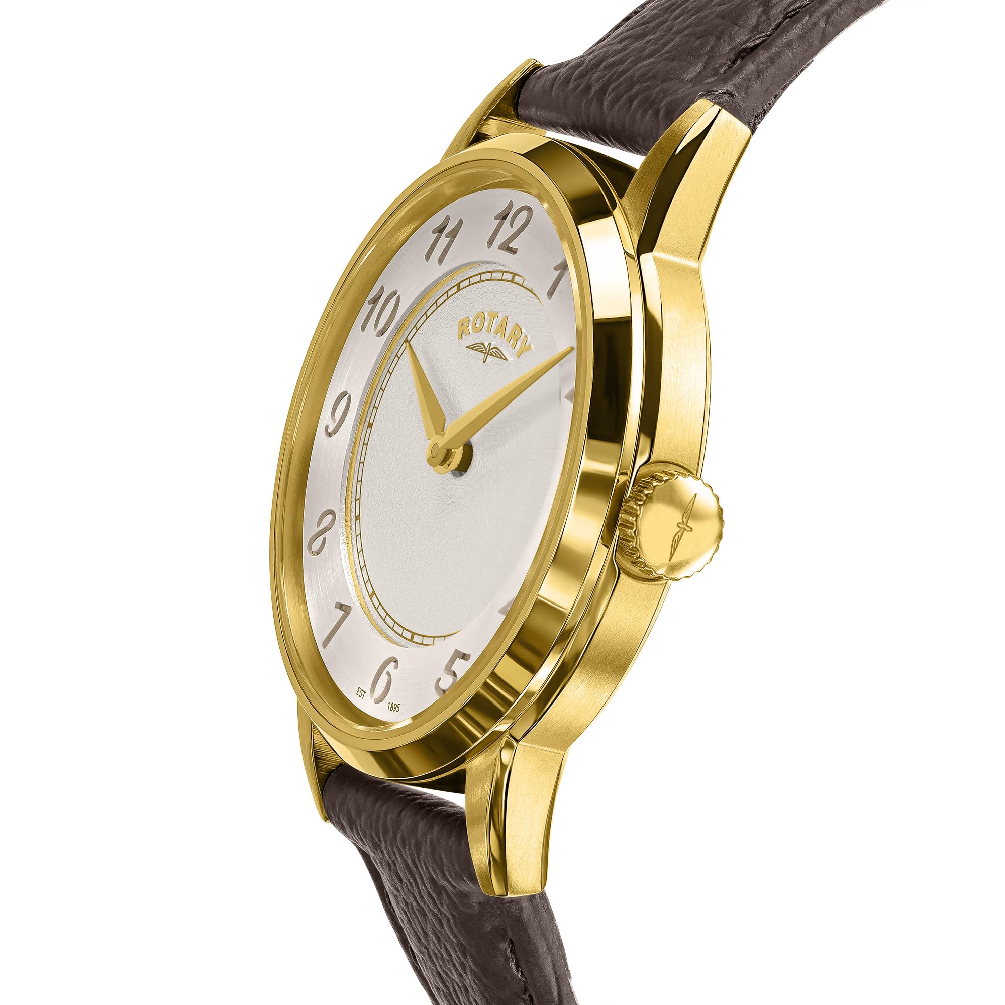 Rotary Correa de cuero marrón con esfera blanca de acero inoxidable chapado en oro para mujer