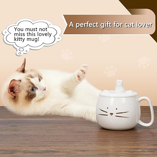 Miniatura 8 de Koolkatkoo Taza de café única con tapa para los amantes de los gatos, lindas tazas de té de cerámica con soporte para teléfono celular, taza de
