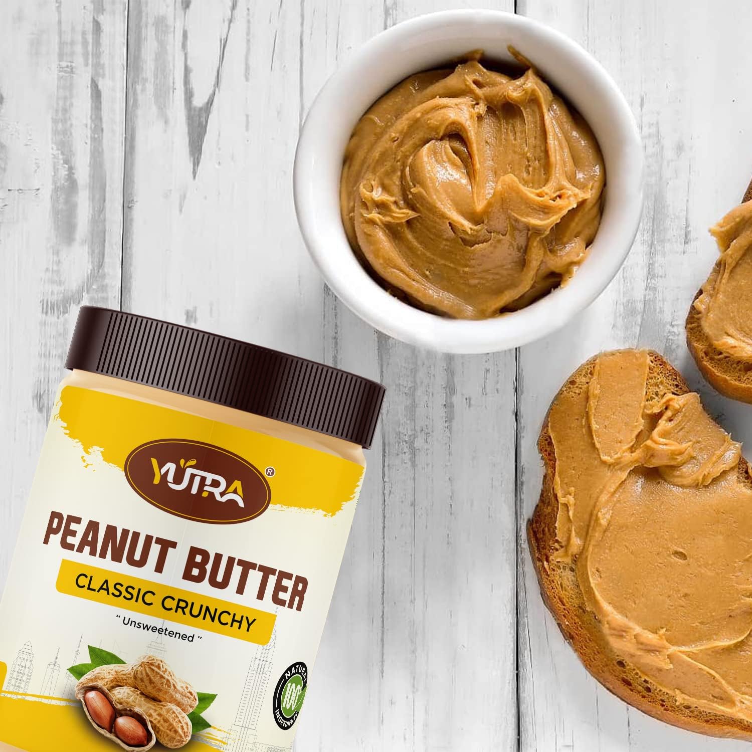 YUTRA Classic Peanut Butter Crunchy 1kg | Unsweetened | 30g Protein | Vegan Peanut Butter, Pure Roasted Peanuts | Non GMO | High in Protein Spread, Gluten & Cholesterol Free, Nut Butter (Pack of 1) 2