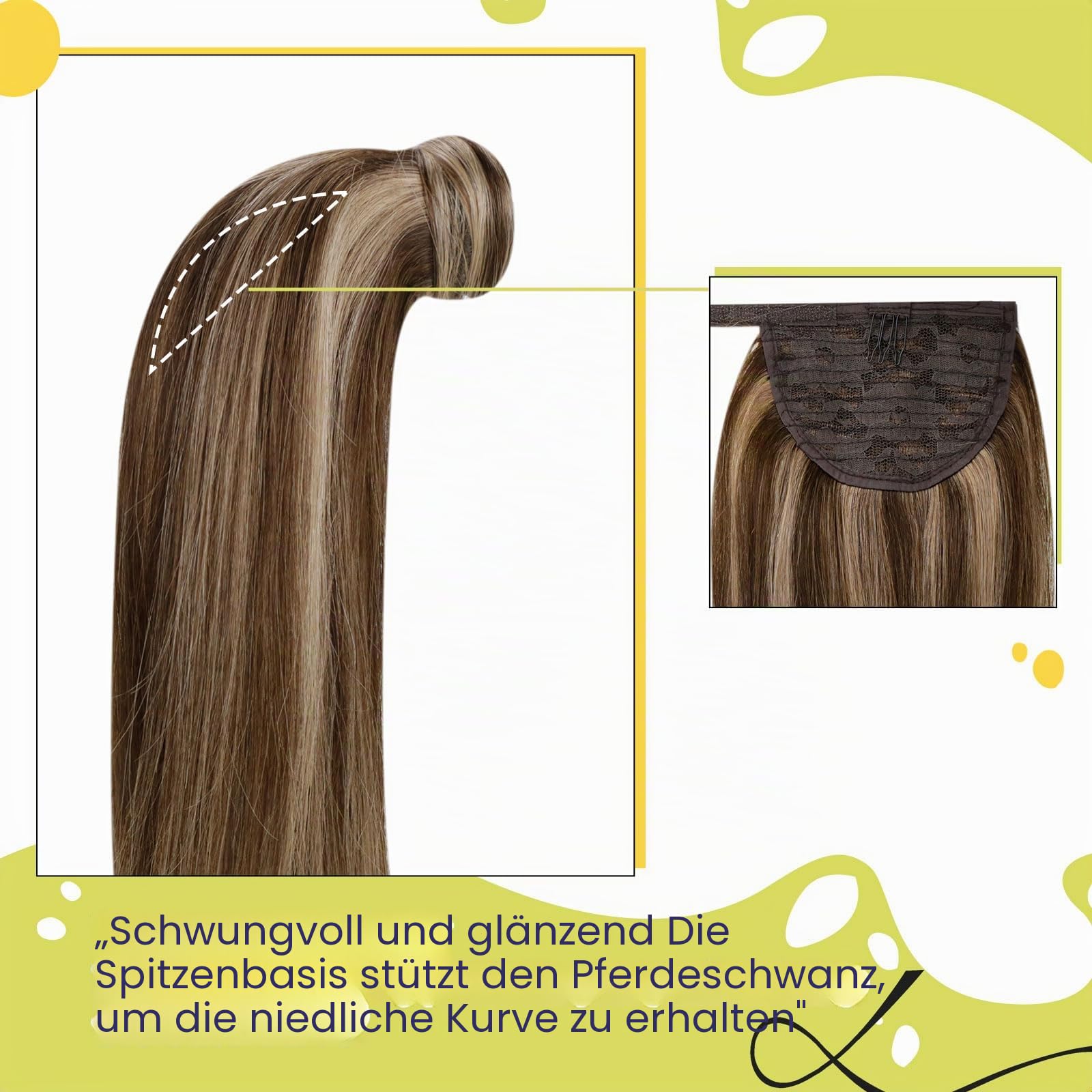 RUNATURE Ponytail Extensions Echthaar Braun Highlight 45cm 80g #3P12 | Clip in Ponytail–hitzebeständig, unsichtbare Clips, nahtlos integriert. Kein Haarausfall, natürlich, mehrdimensional.