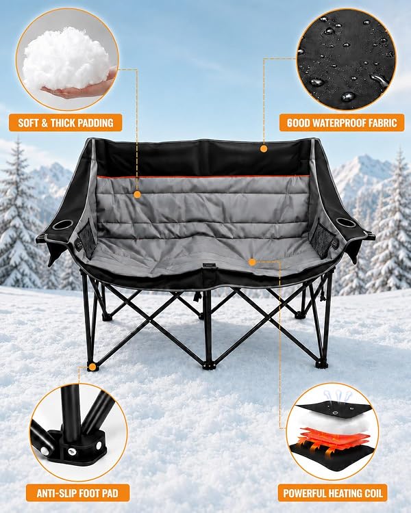 HOPERAN Heated Double Camping Chair, 660lbs 3 Heat Levels Camping Loveseat by HOPERAN - Used condition - Image 5