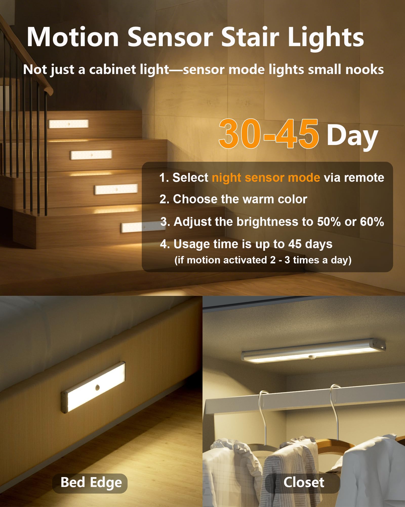 SZOKLED 58 luces LED para debajo del gabinete, inalámbricas, con sensor de movimiento RGB, luces nocturnas con control remoto, 1100 mAh, luces magnéticas debajo del gabinete para cocina, estante